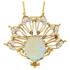 Vintage 14K Yellow Gold Australian Opal & Diamond Flared Brooch Pendant Necklace