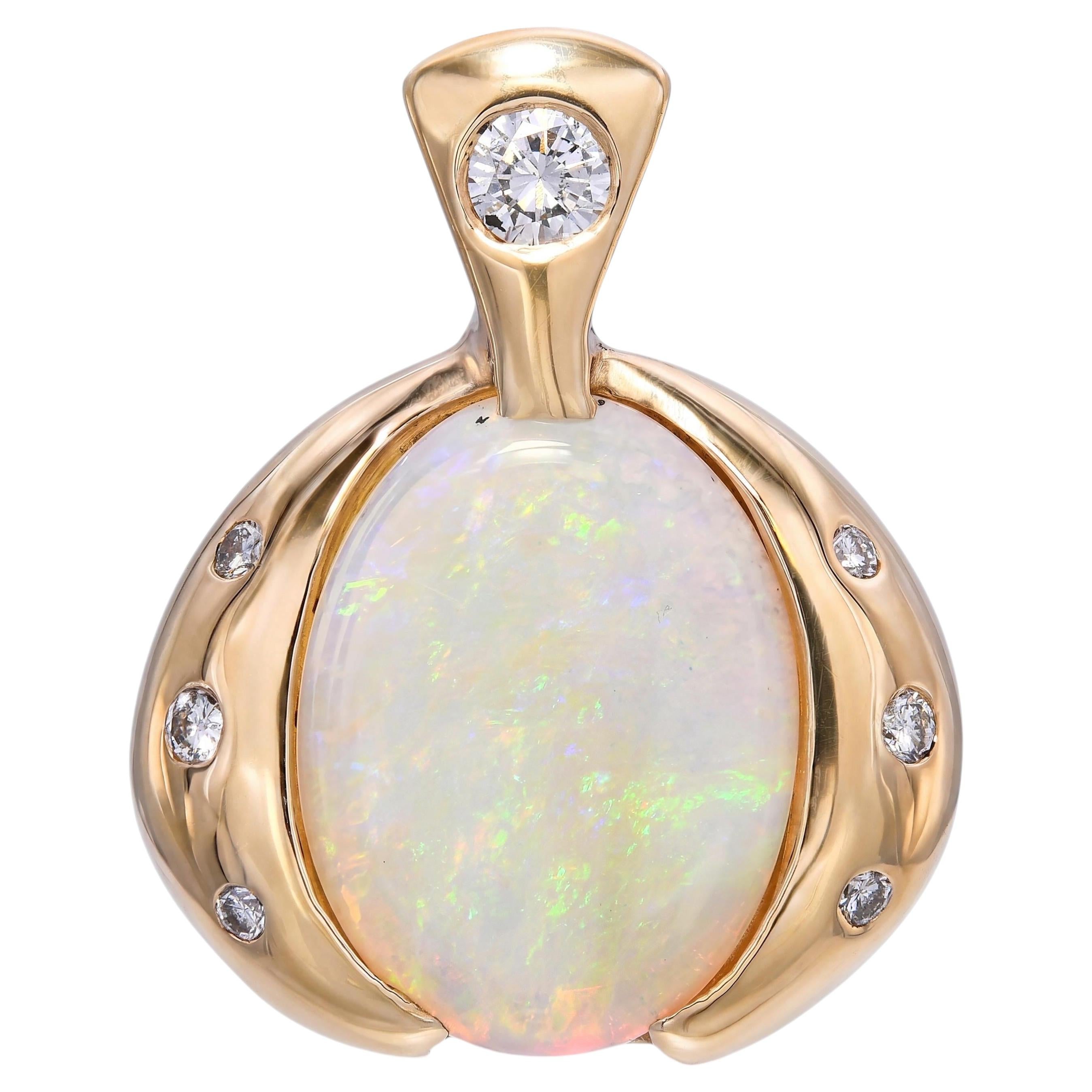 Vintage 14k Yellow Gold Australian Opal & Diamond Pendant For Sale