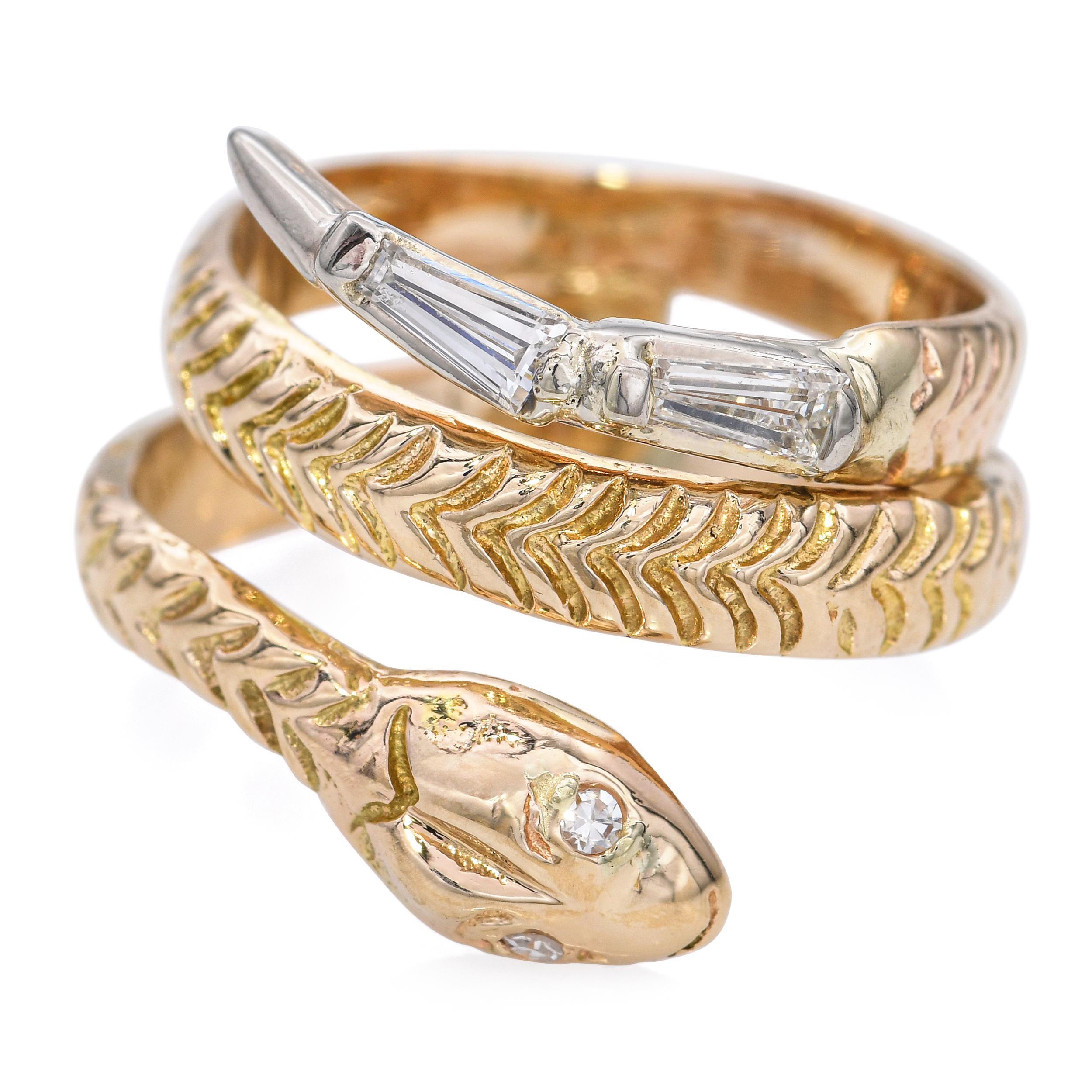 Anello a spirale con diamante baguette in oro giallo 14k vintage In condizioni buone in vendita a New York, NY