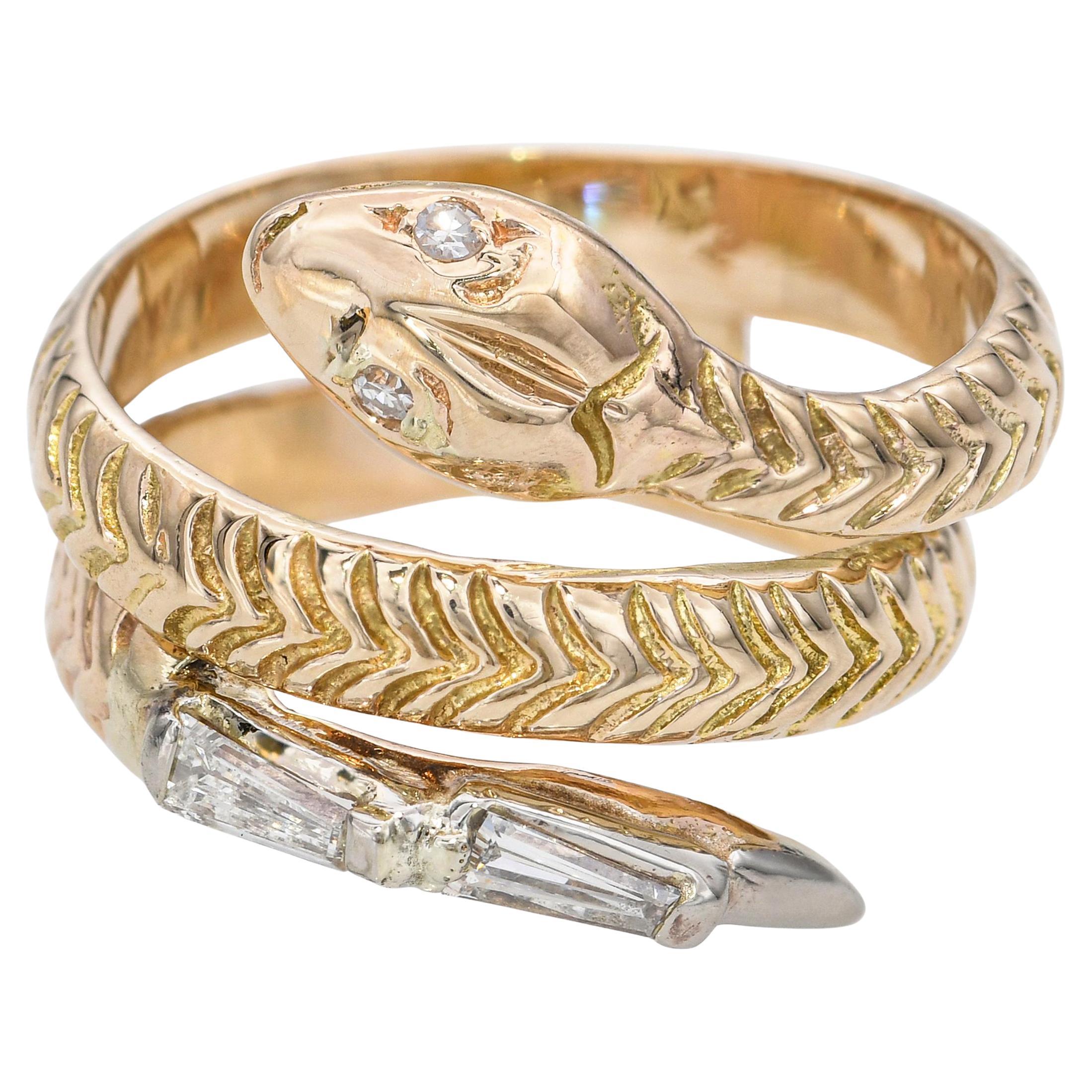 Anello a spirale con diamante baguette in oro giallo 14k vintage