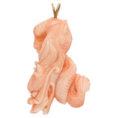 Vintage 14k Yellow Gold Bail Hand Carved Dragon Angel Skin Coral Pendant