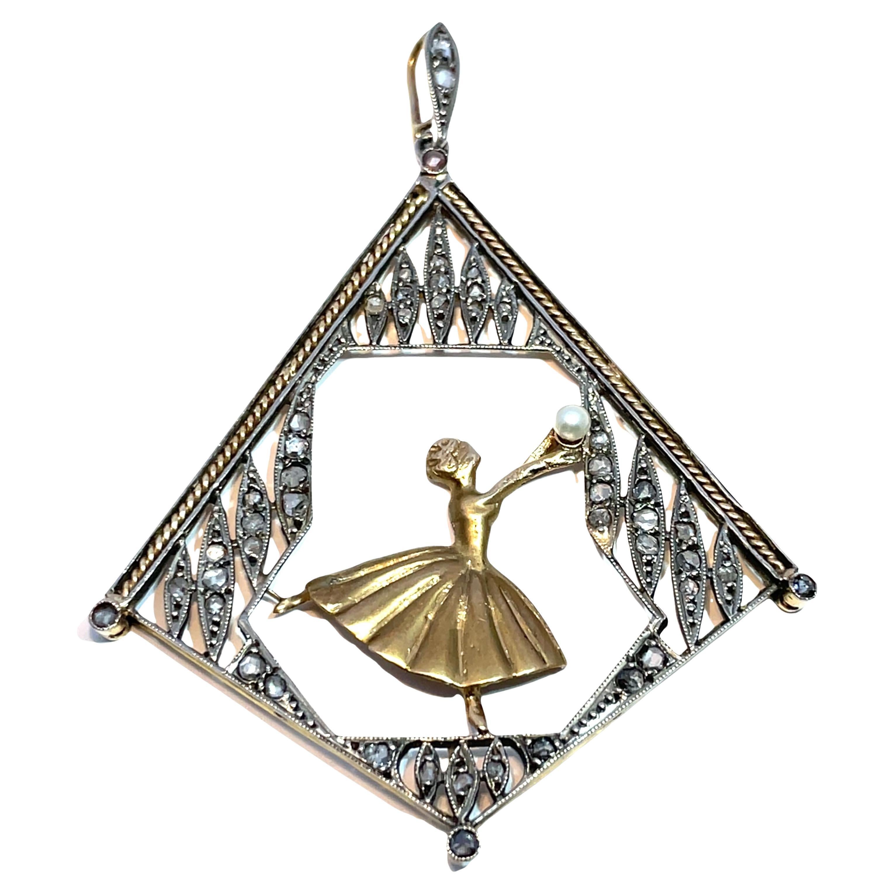 Vintage 14K Yellow Gold Ballerina Pendant with Diamond Accent