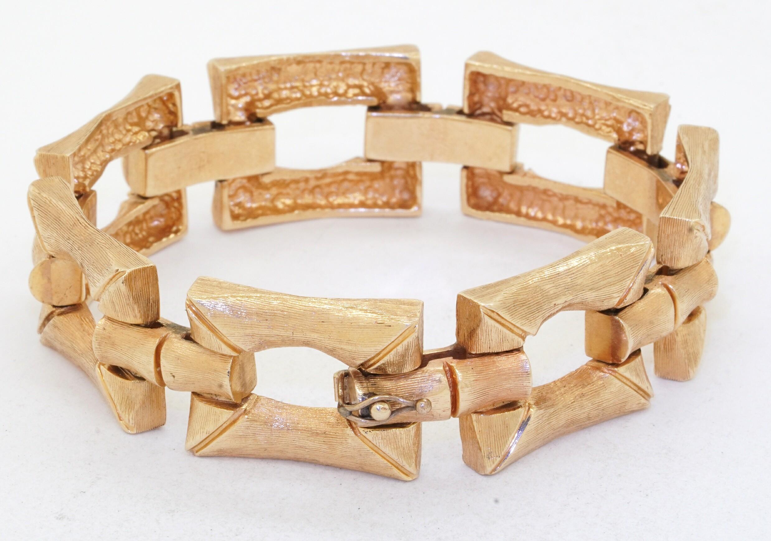 Heavy vintage 14K yellow gold bamboo motif 19.5mm wide link bracelet for a 7.5