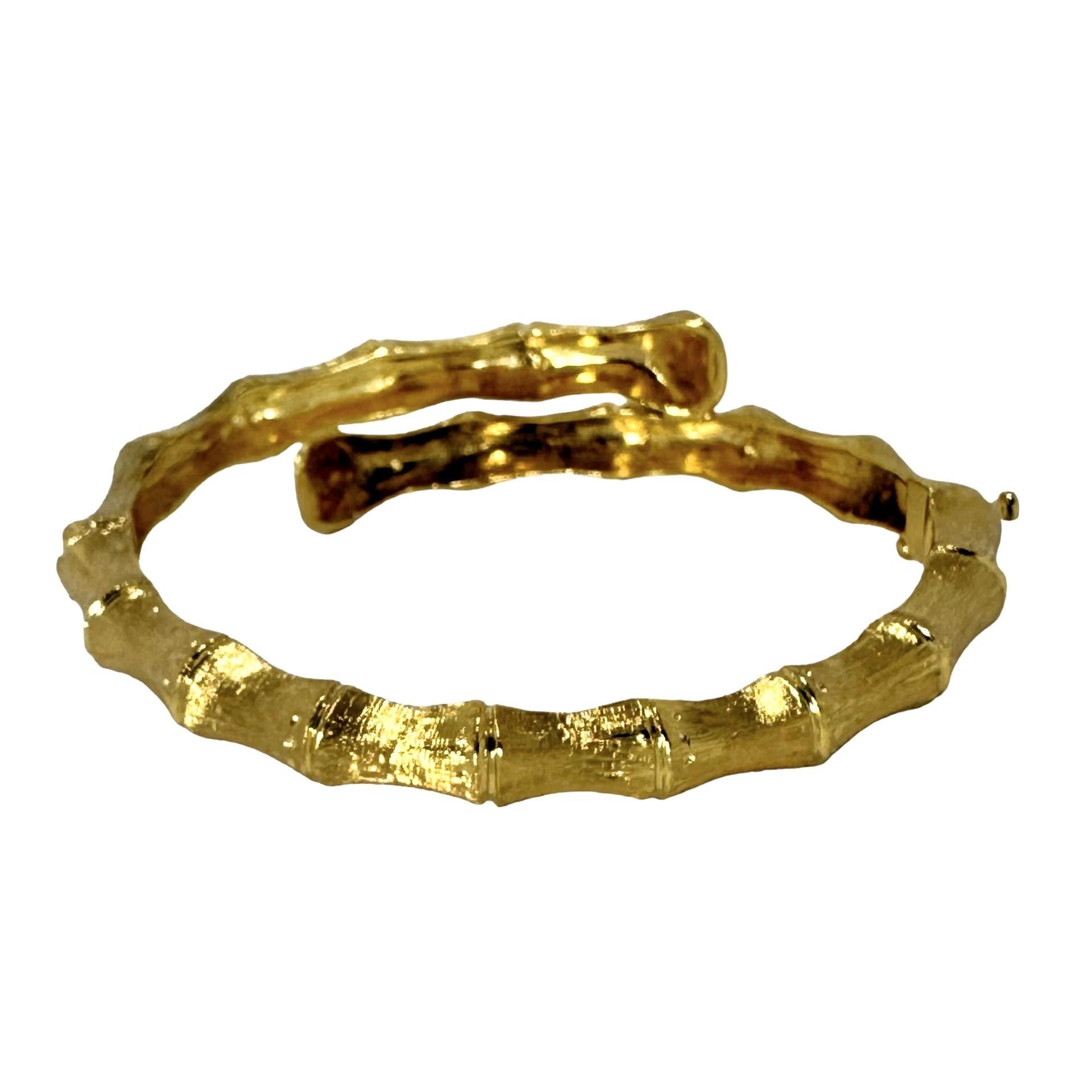 Vintage 14K Yellow Gold Bamboo Motif Bypass Bangle Bracelet For Sale 3