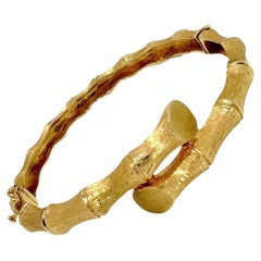 Vintage 14k Yellow Gold Bamboo Motif Bypass Bangle Bracelet