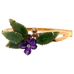 Bracelet jonc vintage en or jaune 14 carats avec motif de fleur en améthyste sculptée