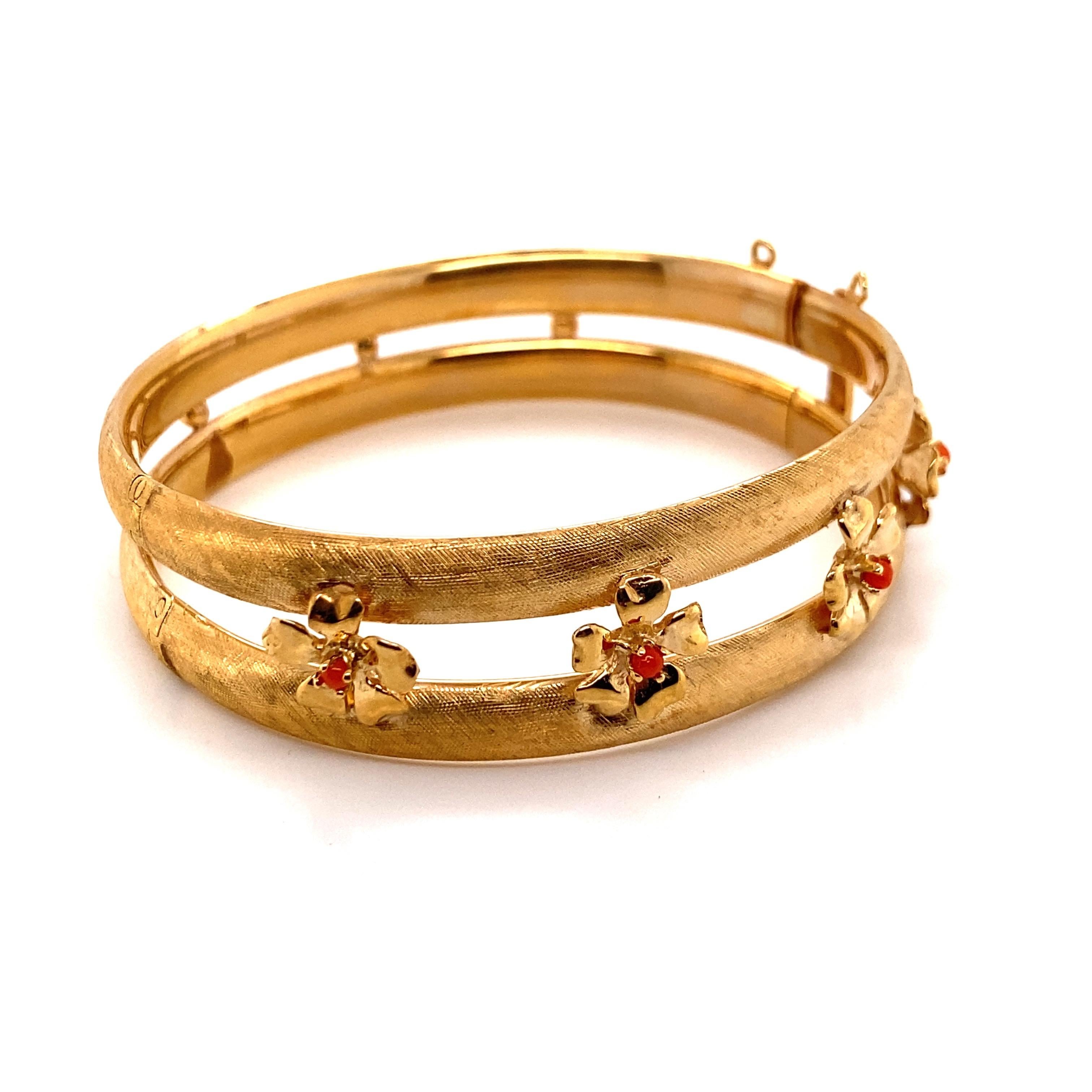 Bead Vintage 14K Yellow Gold Bangle Bracelet with Coral Flower Designs For Sale
