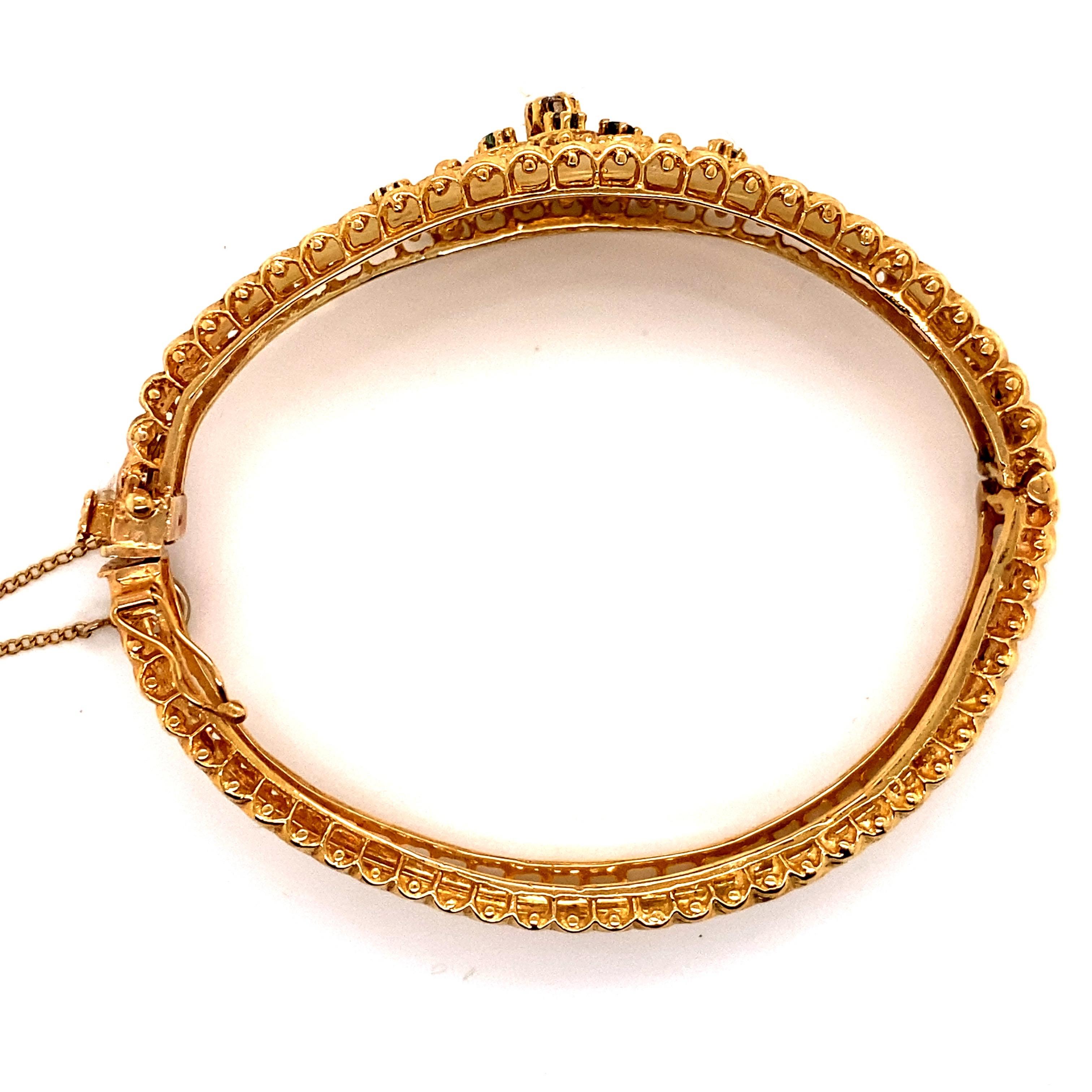 Retro Vintage 14K Yellow Gold Bangle Bracelet with Diamond and Emeralds For Sale
