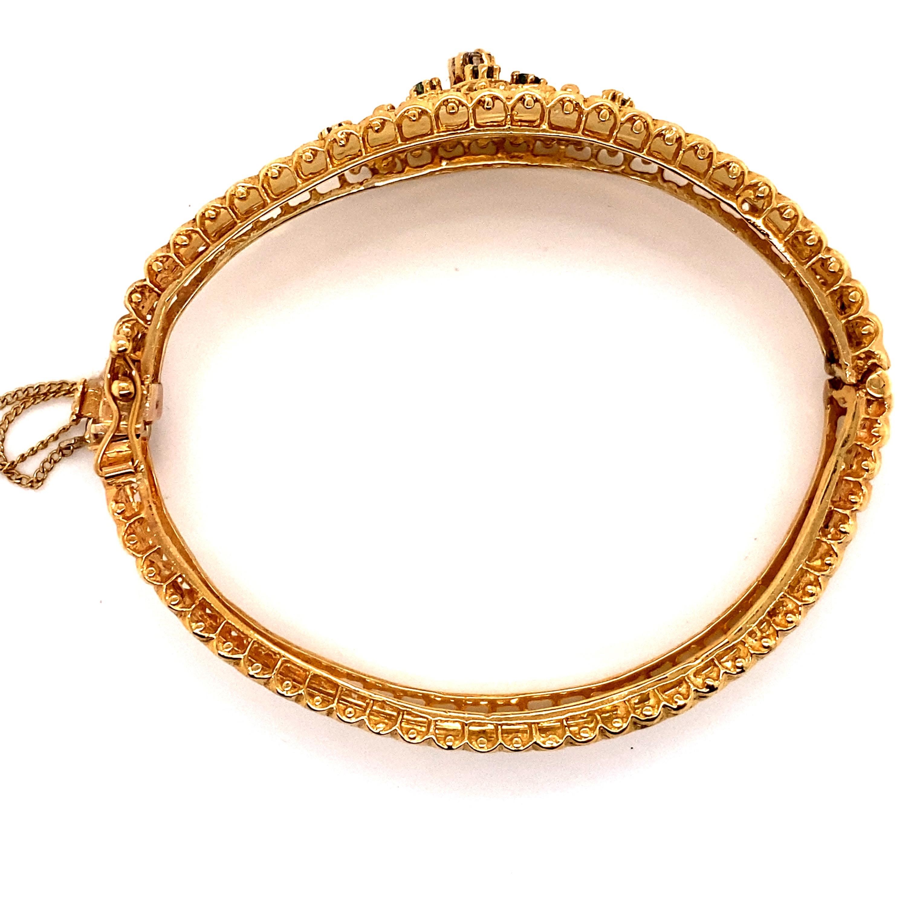 Round Cut Vintage 14K Yellow Gold Bangle Bracelet with Diamond and Emeralds For Sale