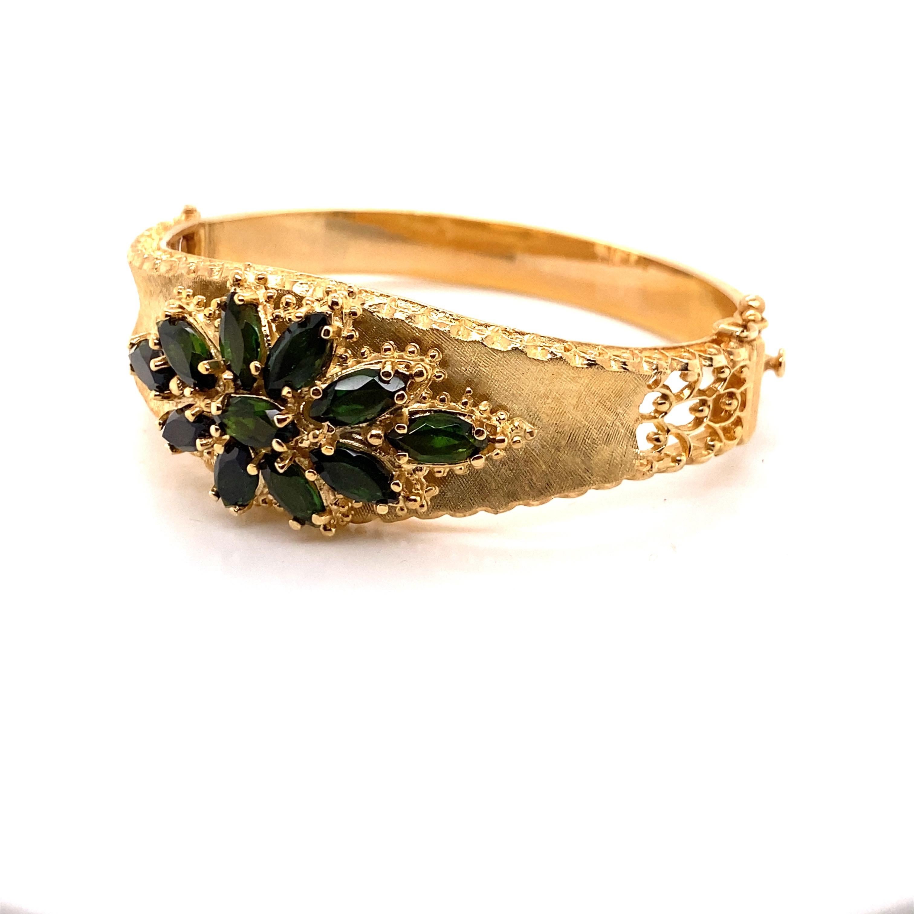 Marquise Cut Vintage 14K Yellow Gold Bangle Bracelet with Green Tourmaline