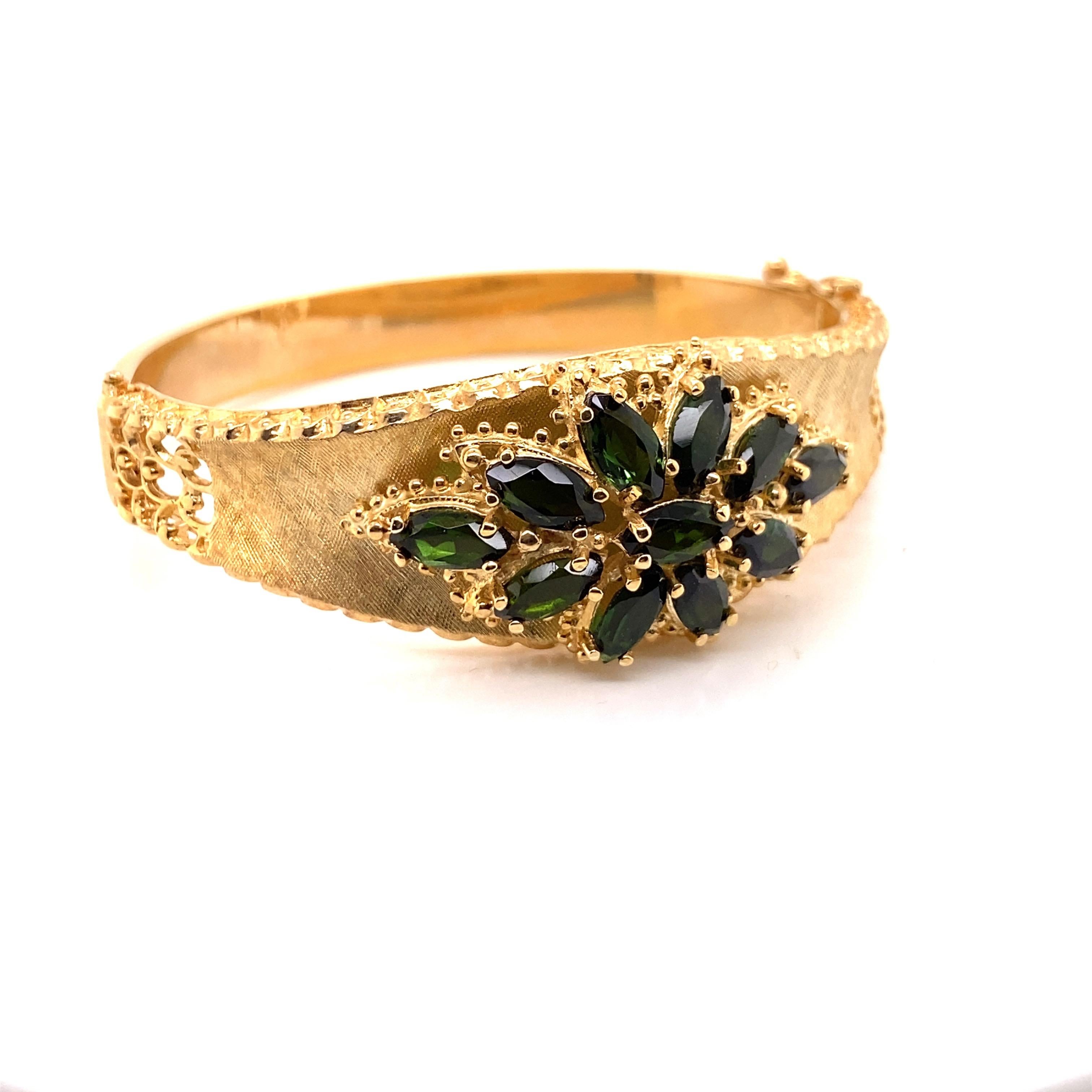 Women's Vintage 14K Yellow Gold Bangle Bracelet with Green Tourmaline