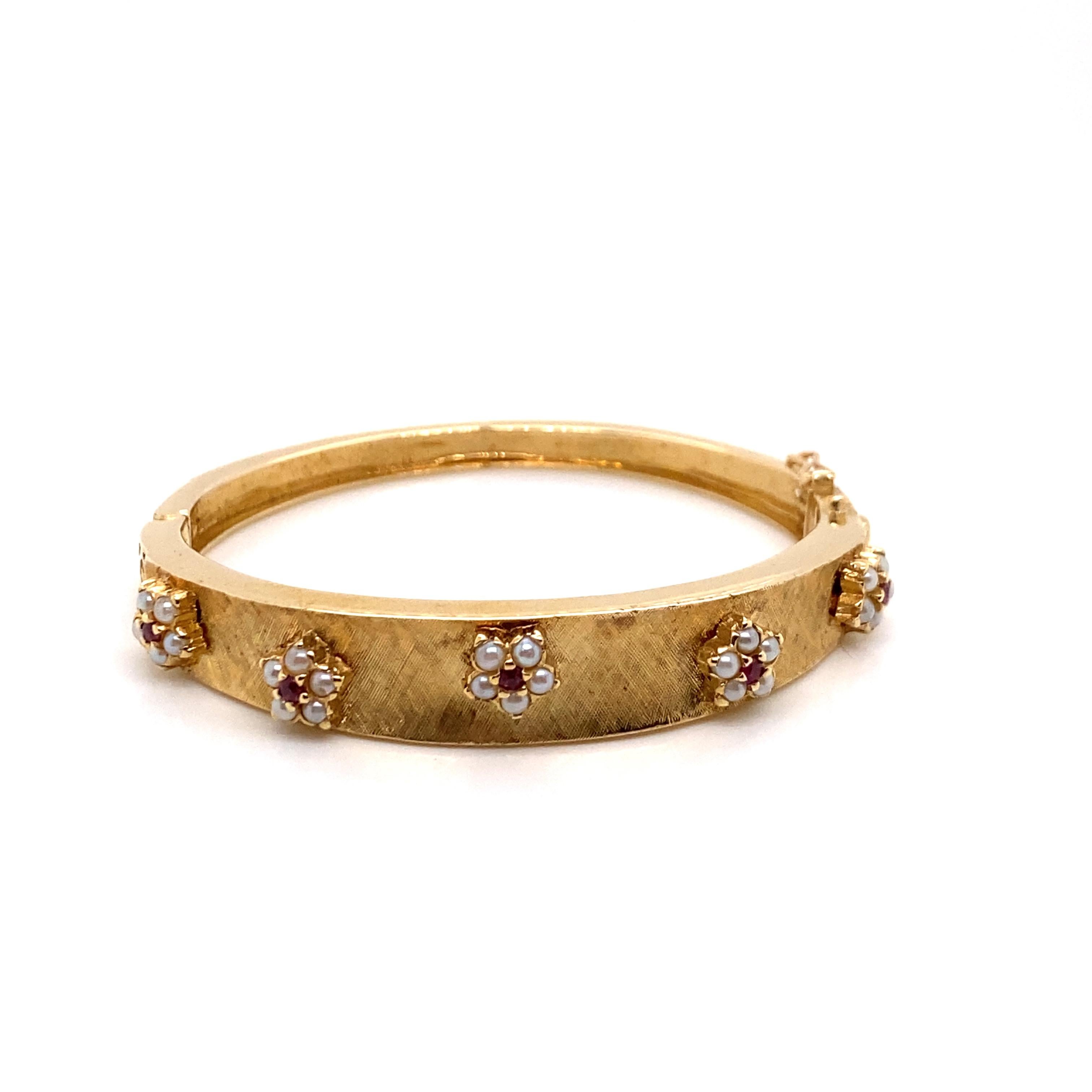 Retro Vintage 14k Yellow Gold Bangle Bracelet with Ruby and Pearl Flowers For Sale