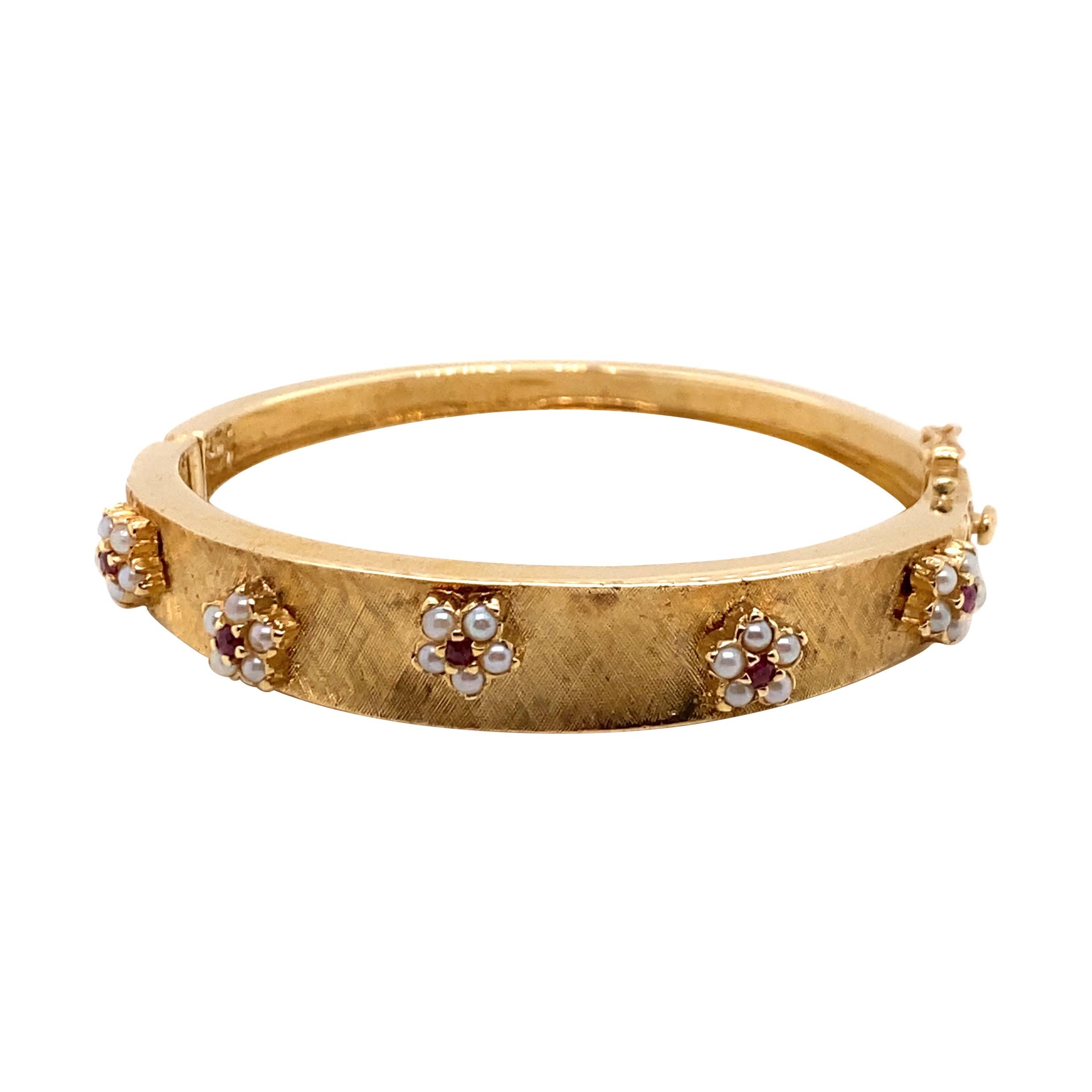 Vintage 14k Yellow Gold Bangle Bracelet with Ruby and Pearl Flowers