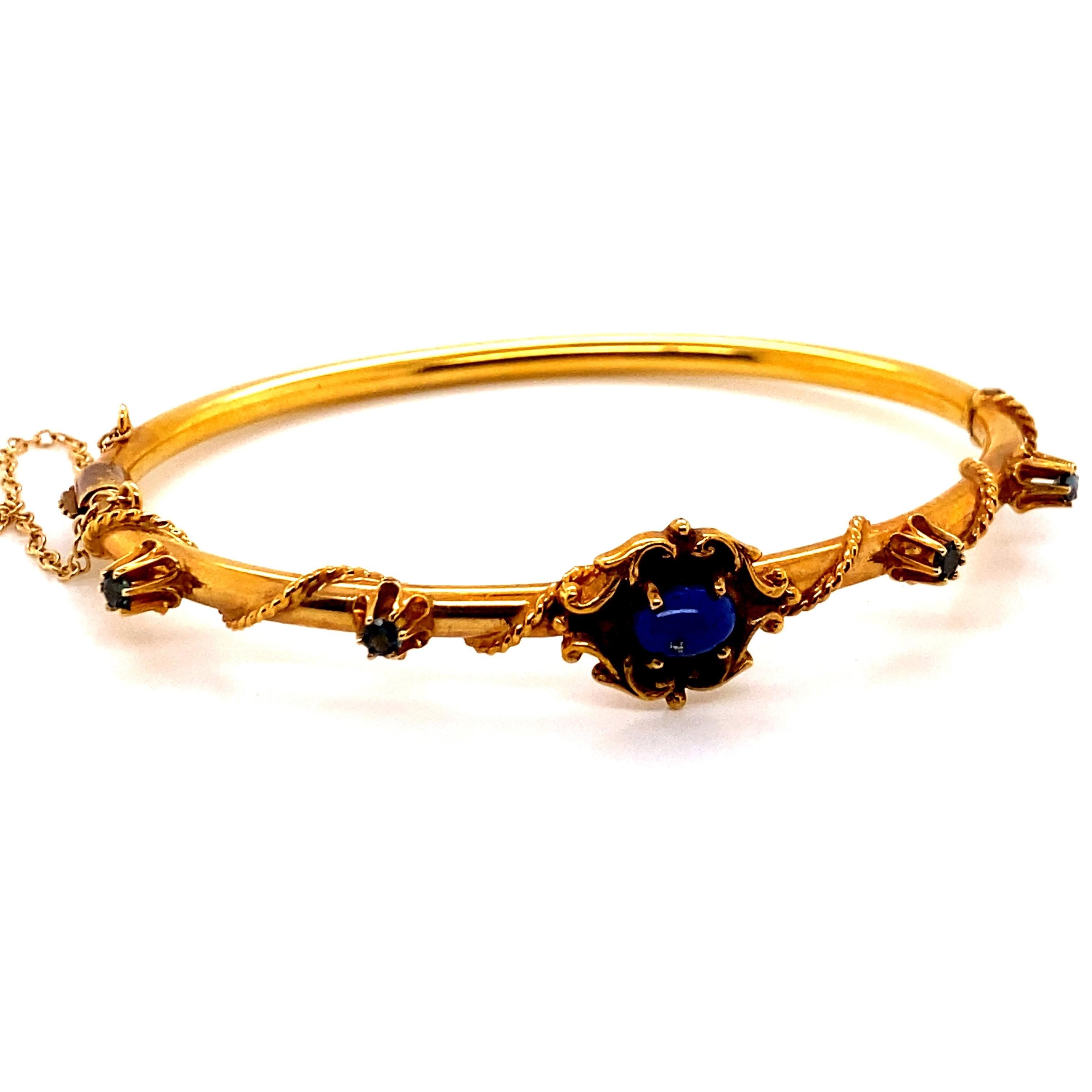 Victorian Vintage 14K Yellow Gold Bangle with Lapis and Sapphires For Sale