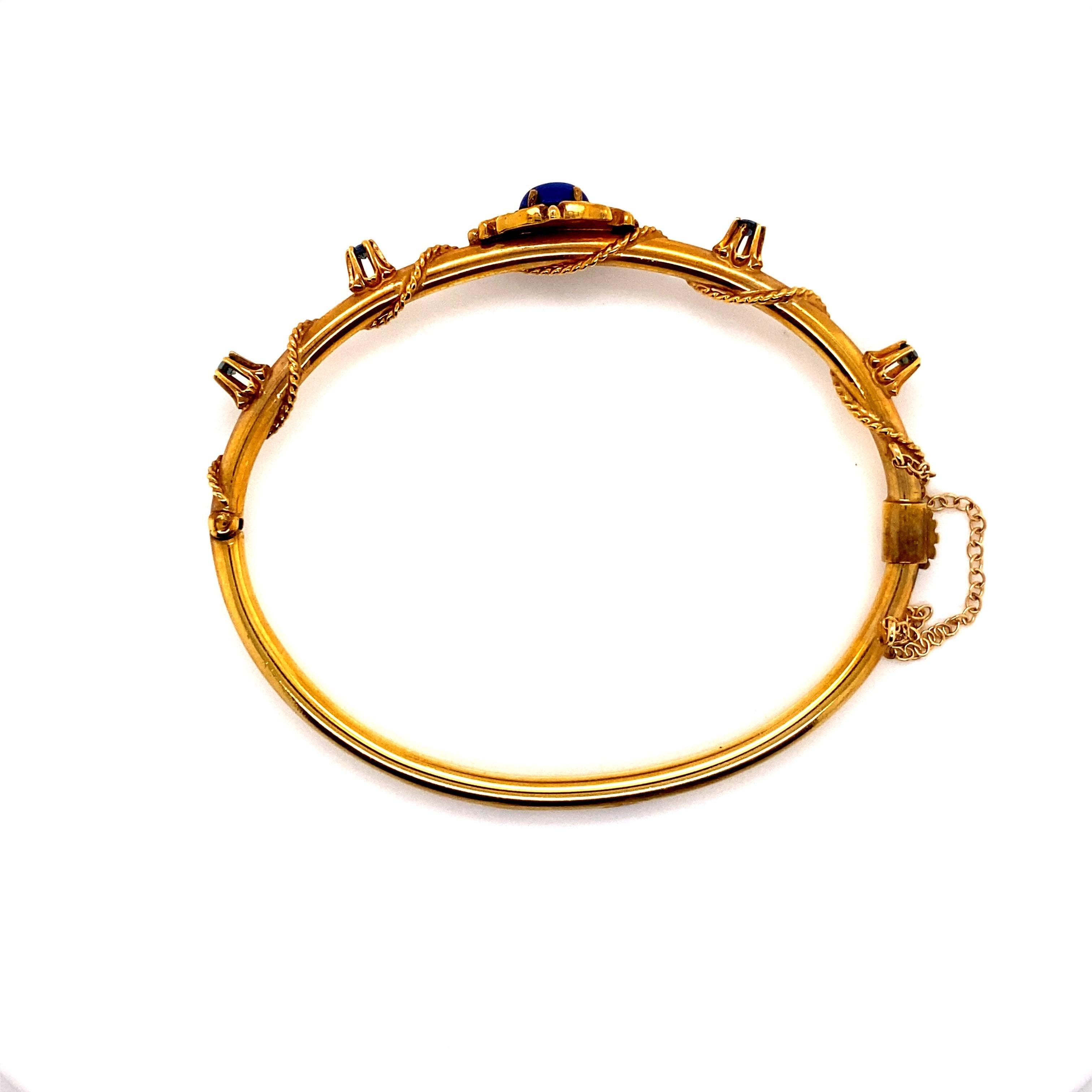 Cabochon Vintage 14K Yellow Gold Bangle with Lapis and Sapphires For Sale