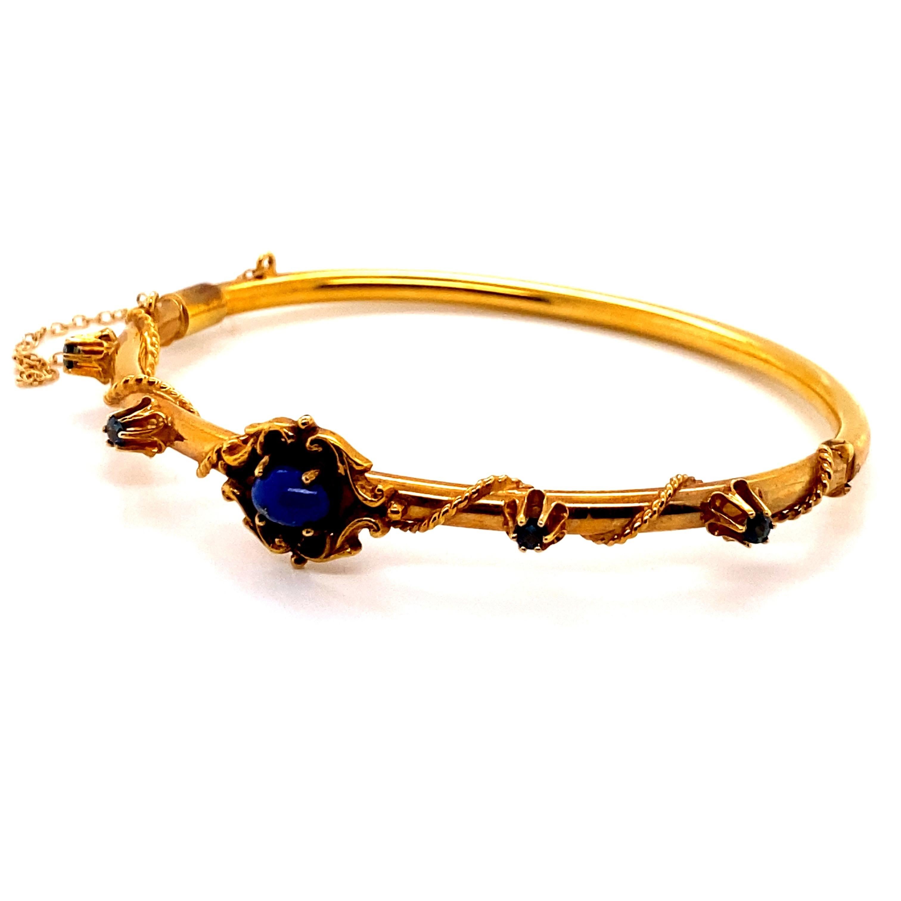Women's Vintage 14K Yellow Gold Bangle with Lapis and Sapphires For Sale