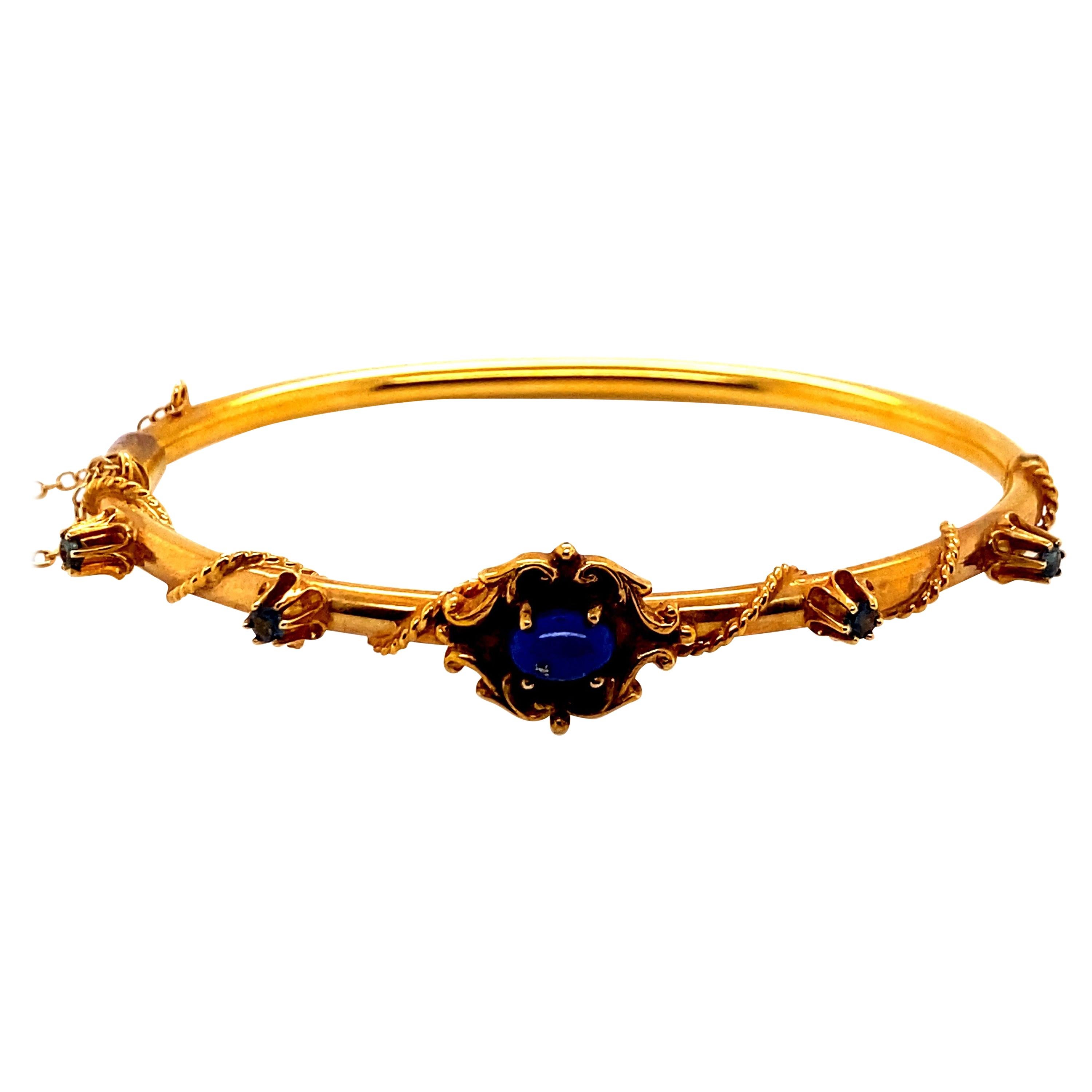 Vintage 14K Yellow Gold Bangle with Lapis and Sapphires For Sale