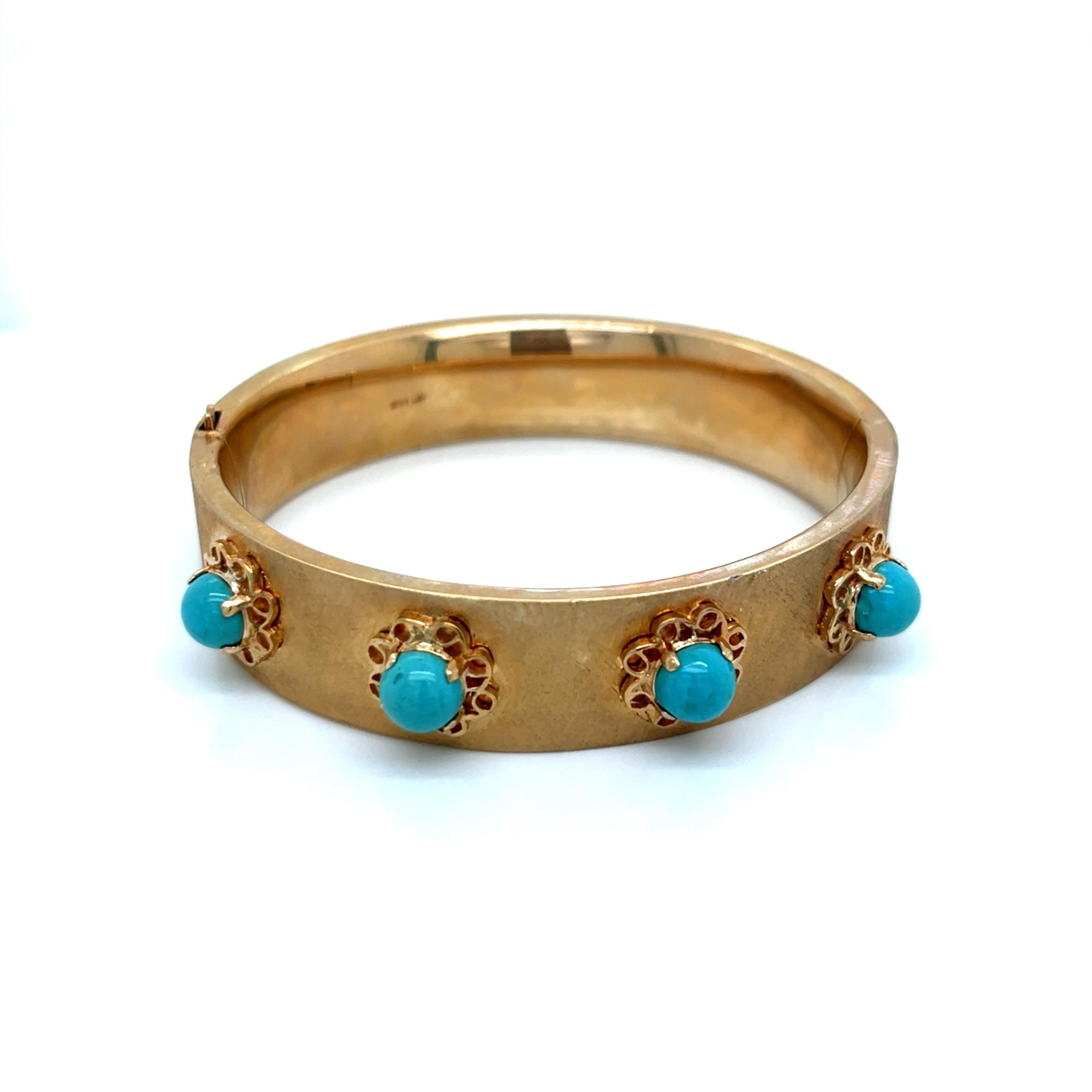 Cabochon Vintage Bangle in oro giallo 14k con turchese in vendita