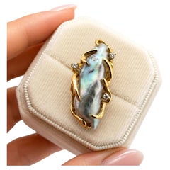 Bague vintage en or jaune 14 carats avec perle baroque et diamants, taille 6,5, d'occasion