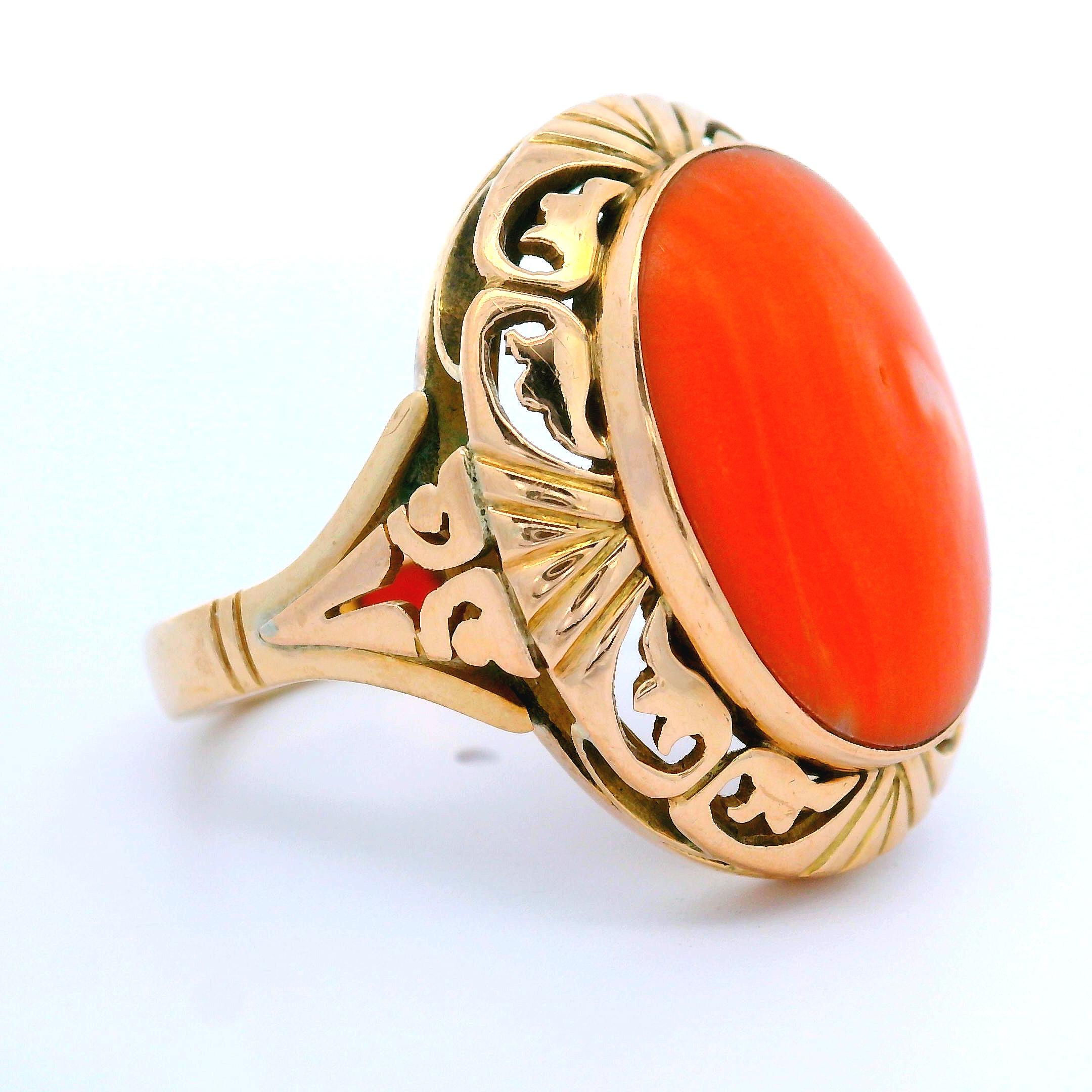 –Stone(s)–
(1) Natural Genuine Coral - Oval Cabochon - Bezel Set - Orangy-Pink Banded Color  - 18.3x13.3mm (approx.)
Material: Solid 14k Yellow Gold
Weight: 11.53 Grams
Ring Size: 10 (fitted on finger, please contact us prior to purchase with sizing