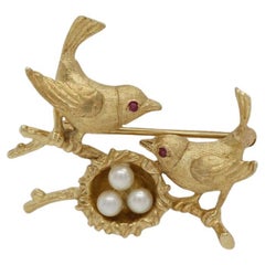 Vintage 14k Yellow Gold Birds & Pearl Nest Brooch Pin - 8.0g