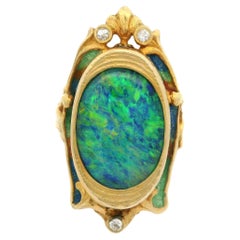 Vintage 14k Yellow Gold Black Doublet Opal & Diamond Enamel Work Ring