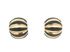Vintage 14k Yellow Gold Black Enamel Large Puffed Scalloped Omega Earrings