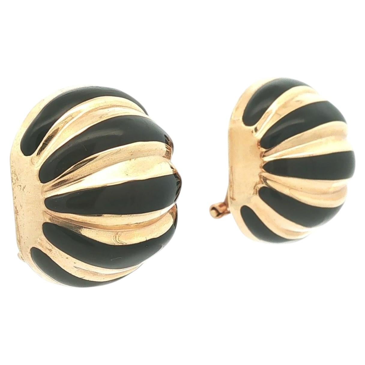 Vintage 14k Yellow Gold Black Enamel Large Puffed Scalloped Omega Earrings