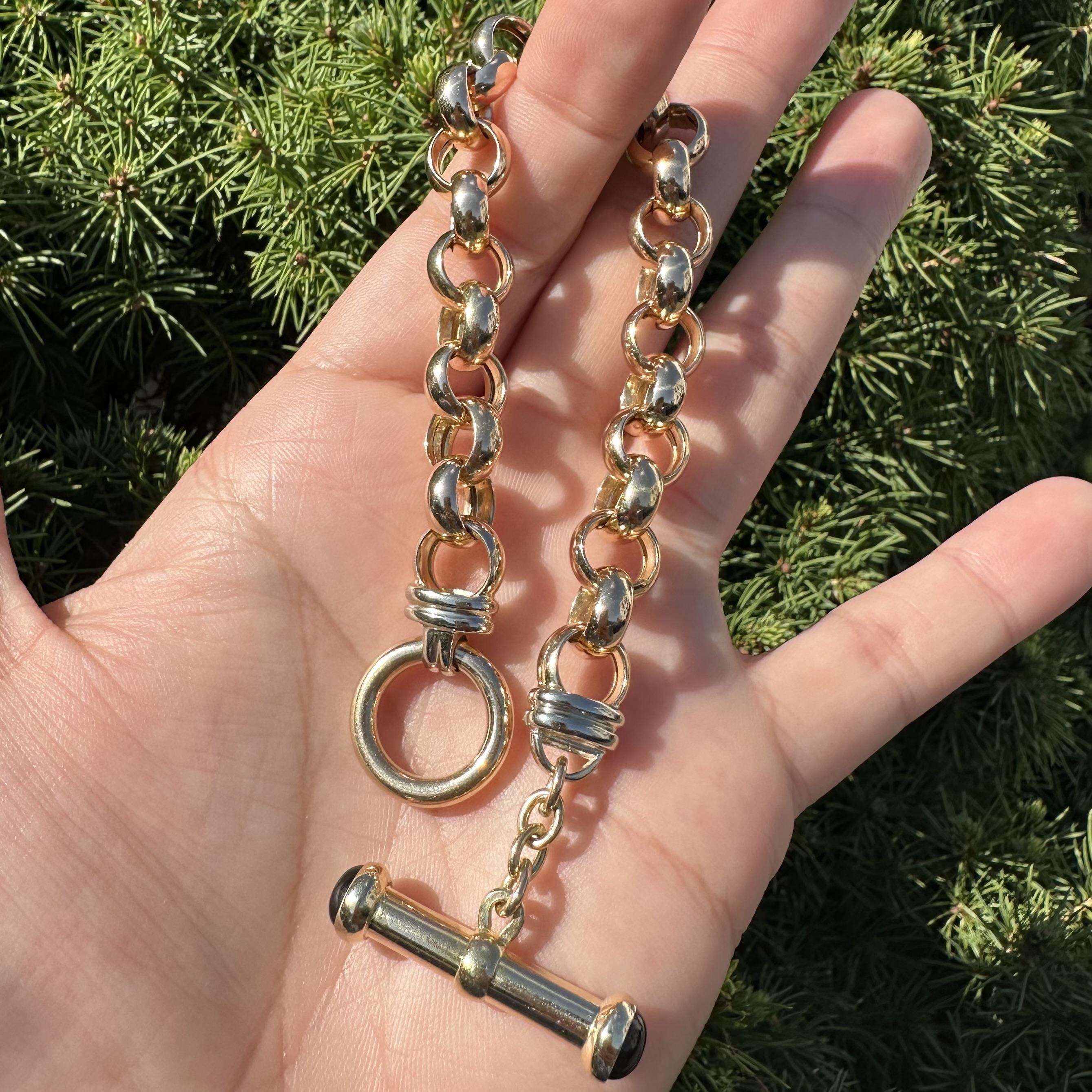 Vintage 14k Yellow Gold Black Onyx Large Open Rolo Link Bracelet w/ Toggle Clasp en vente 6
