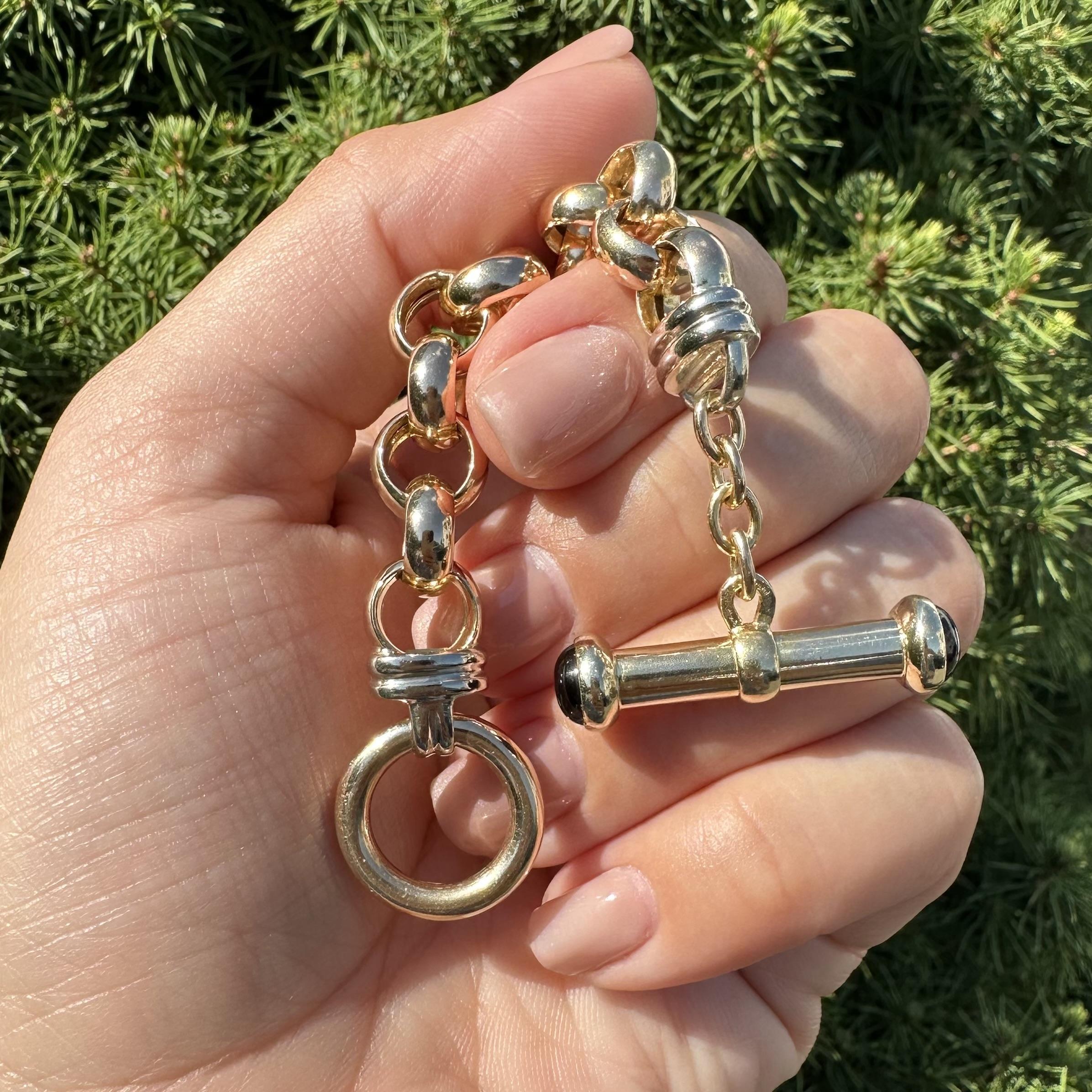 Vintage 14k Yellow Gold Black Onyx Large Open Rolo Link Bracelet w/ Toggle Clasp en vente 7