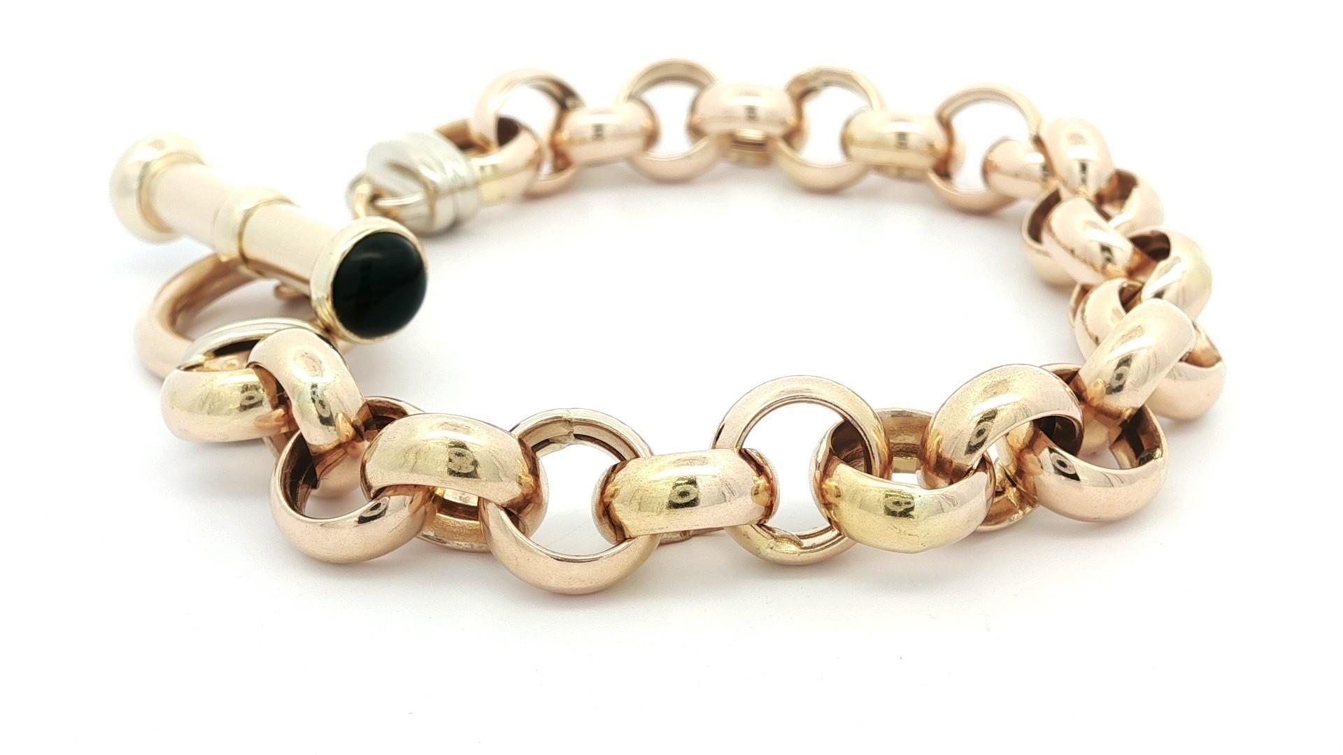 Vintage 14k Yellow Gold Black Onyx Large Open Rolo Link Bracelet w/ Toggle Clasp Pour femmes en vente