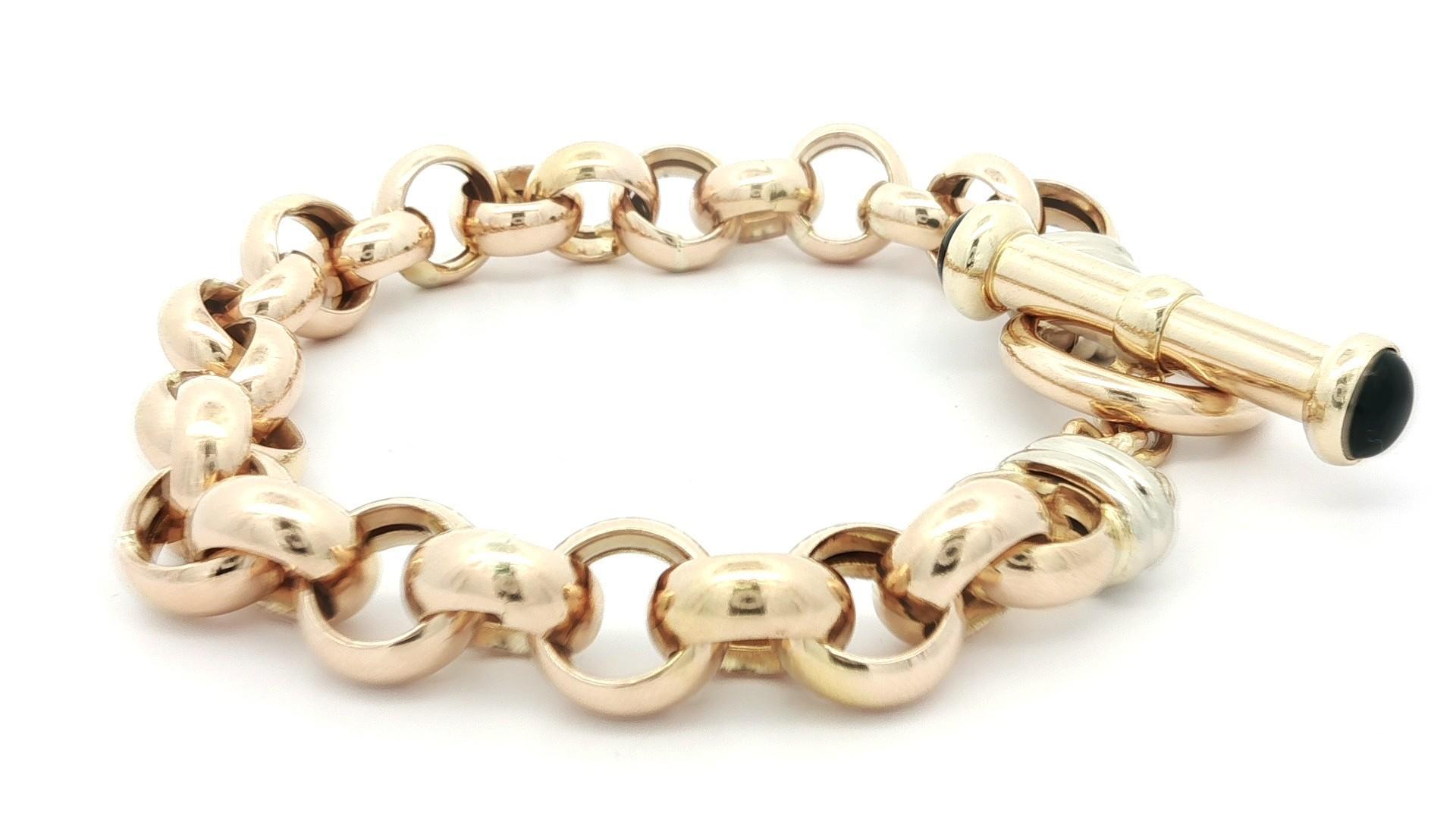 Vintage 14k Yellow Gold Black Onyx Large Open Rolo Link Bracelet w/ Toggle Clasp en vente 2