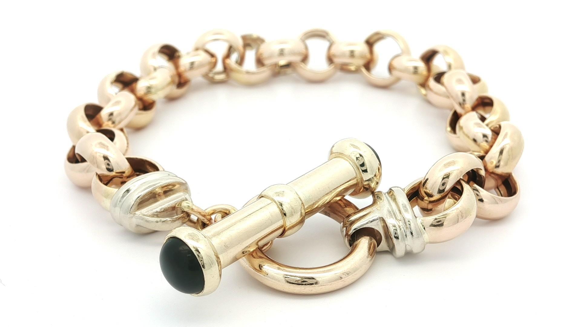 Vintage 14k Yellow Gold Black Onyx Large Open Rolo Link Bracelet w/ Toggle Clasp