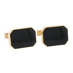 Vintage 14k Yellow Gold Black Onyx Rectangular Cufflink & 4 Stud Button Set