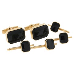 Vintage 14k Yellow Gold Black Onyx Rectangular Cufflink & 4 Stud Button Set