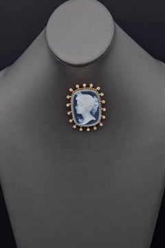 Vintage 14K Yellow Gold Blue Agate Cameo & Diamond Large Brooch Pin Pendant