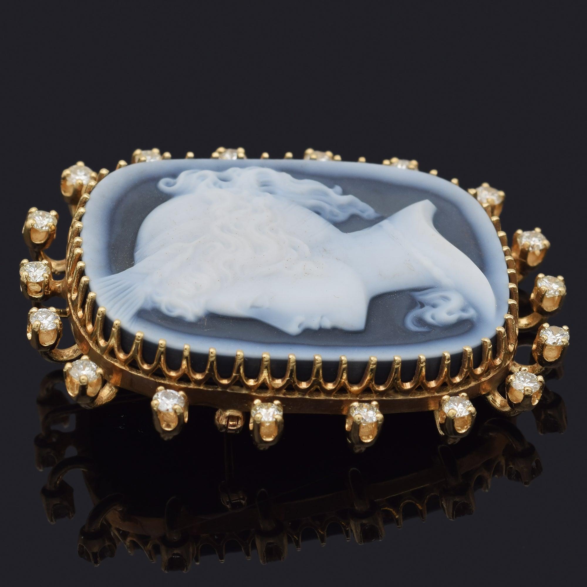 Round Cut Vintage 14K Yellow Gold Blue Agate Cameo & Diamond Large Brooch Pin Pendant For Sale