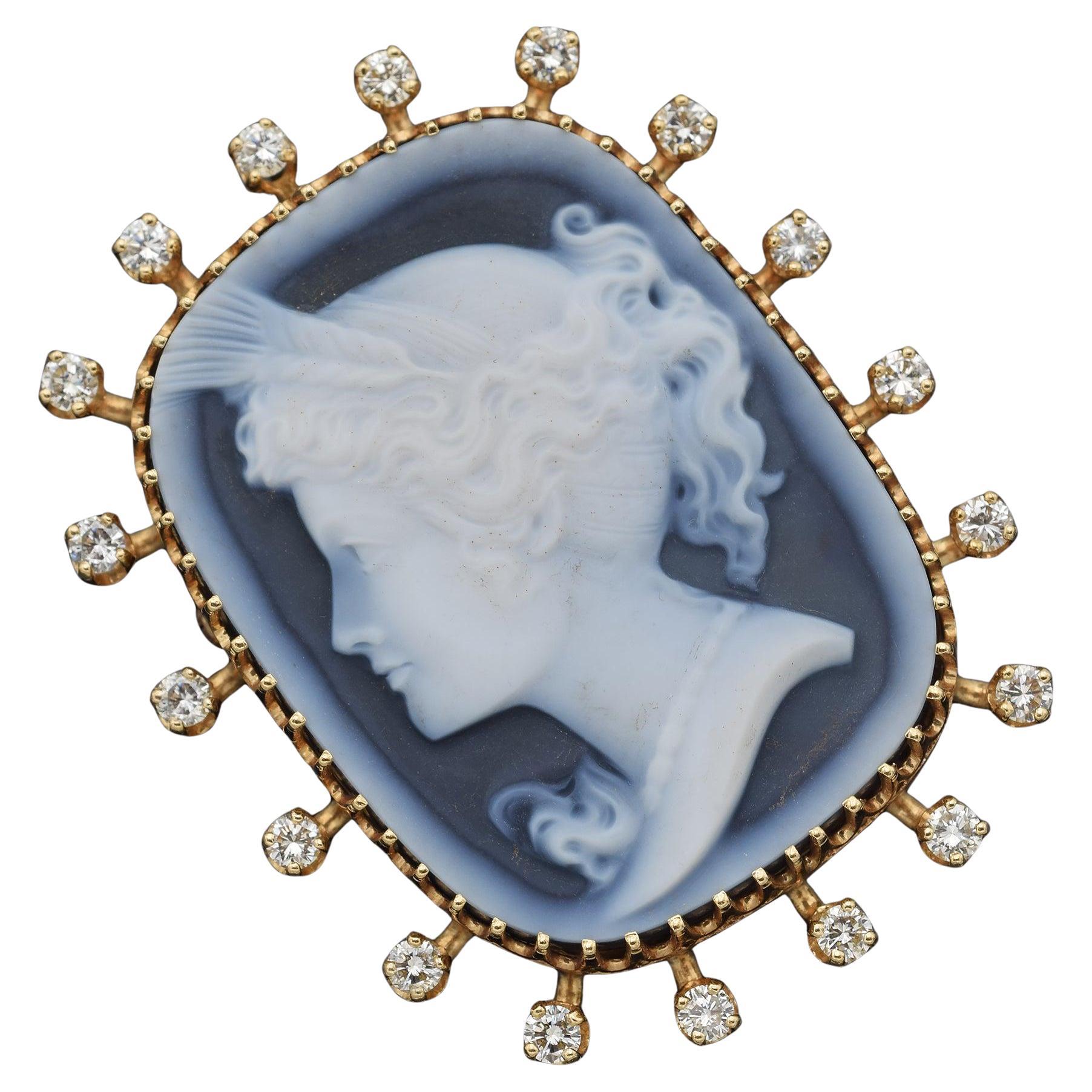 Vintage 14K Yellow Gold Blue Agate Cameo & Diamond Large Brooch Pin Pendant