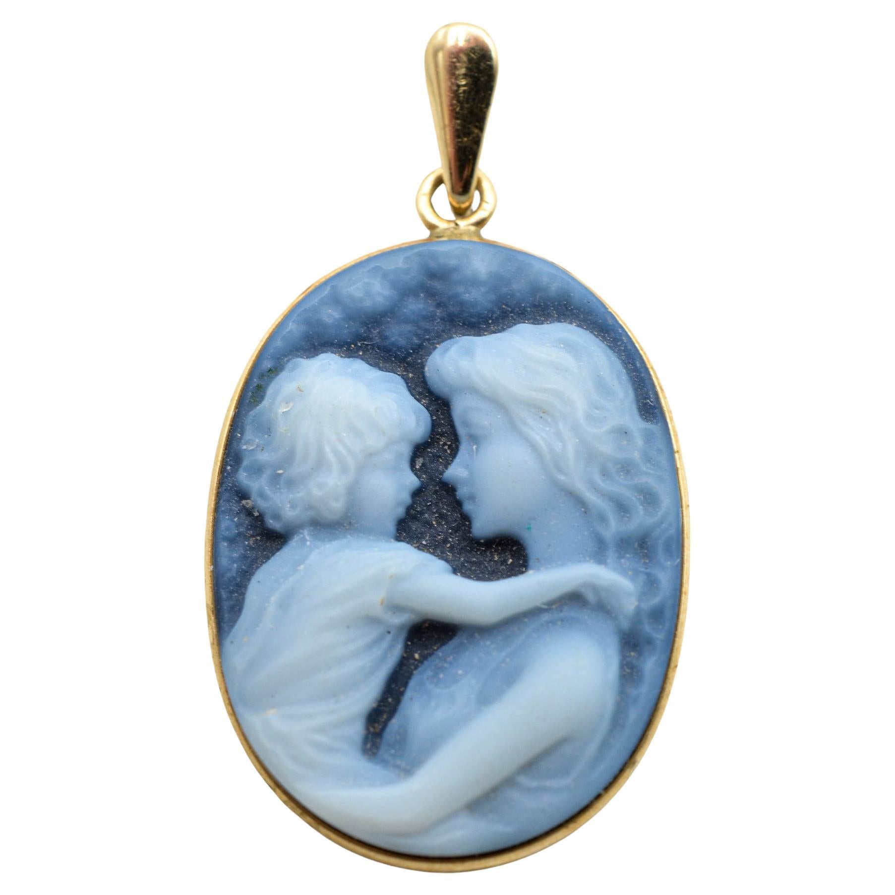 Vintage 14k Yellow Gold Blue Agate Tender Mother and Child Carved Cameo Pendant