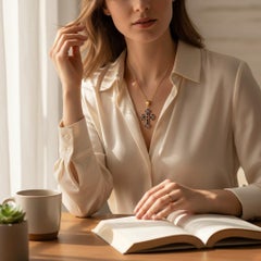 Vintage 14K Gelbgold Blau Emaille Kreuz Anhänger mit Granat-Center & 16" Kabel