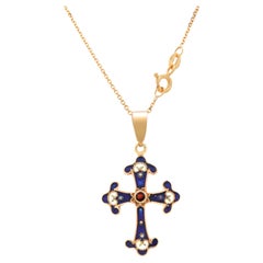 Vintage 14K Yellow Gold Blue Enamel Cross Pendant with Garnet Center & 16" Cable