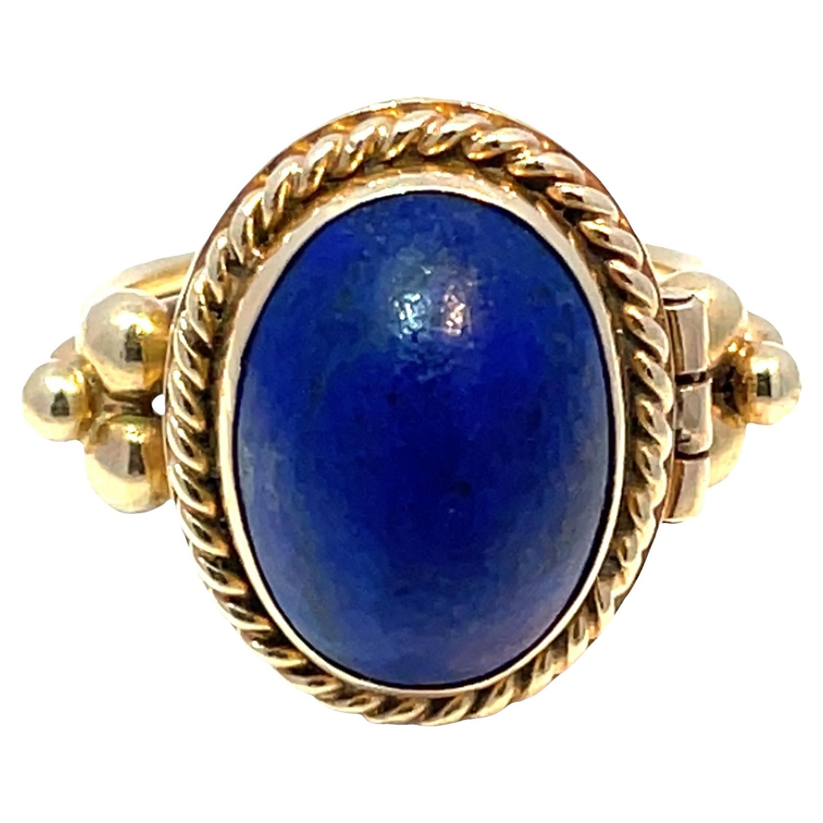 Vintage 14K Yellow Gold Blue Enamel Poison Ring For Sale