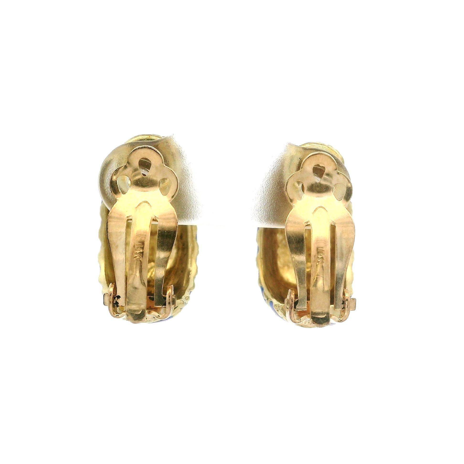 Women's Vintage 14k Yellow Gold Blue Enamel Stripe Clip On Cuff Earrings For Sale