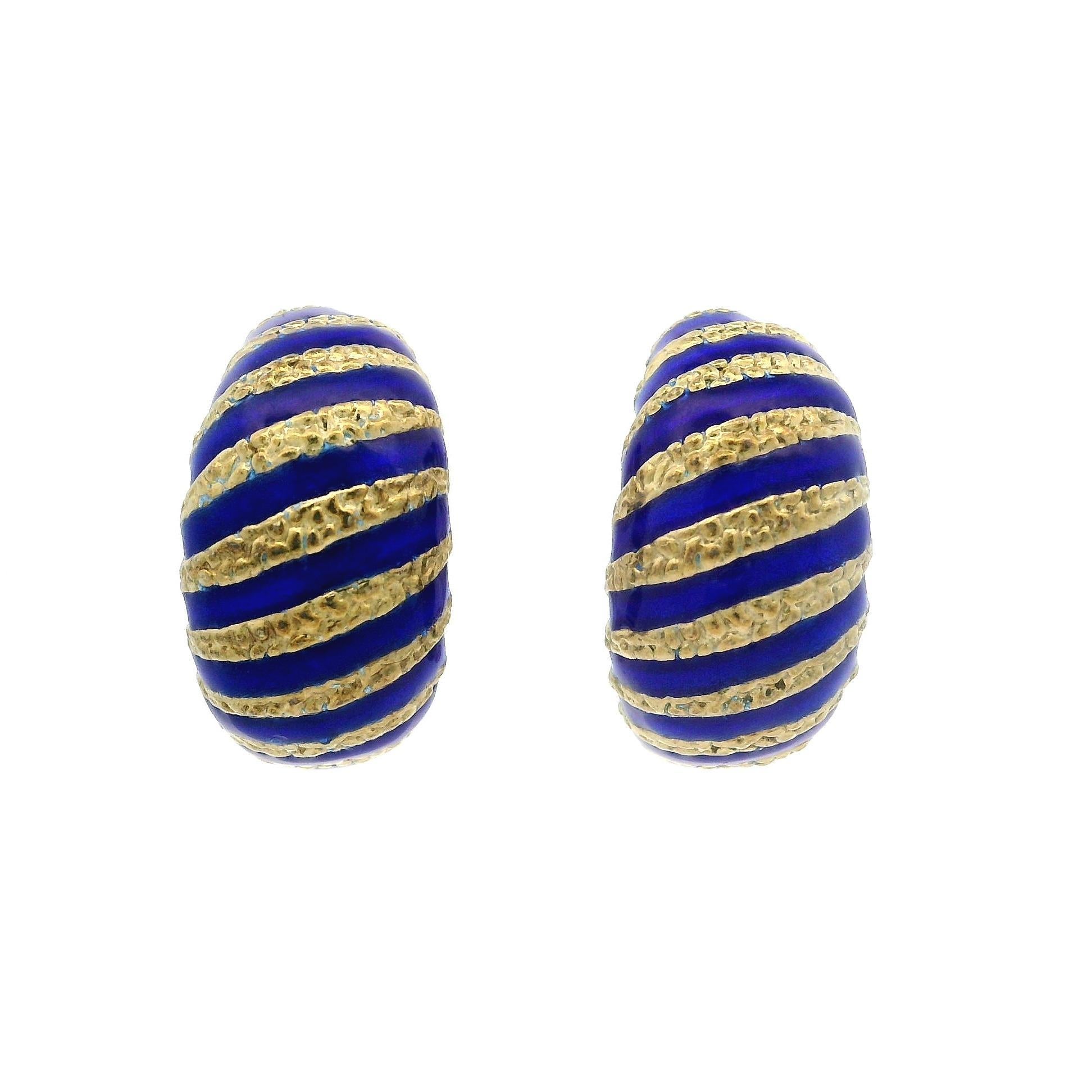 Vintage 14k Yellow Gold Blue Enamel Stripe Clip On Cuff Earrings For Sale 1