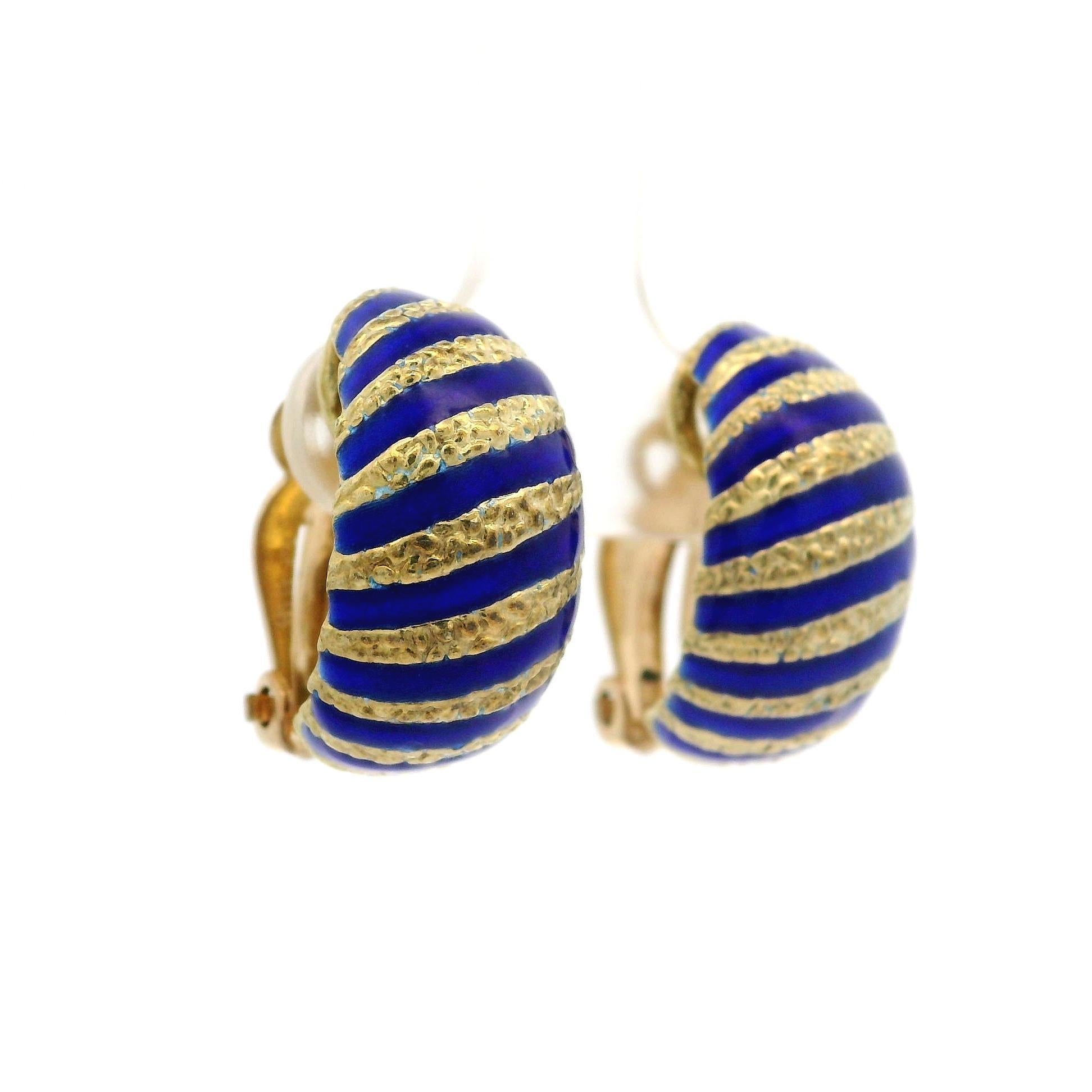 Vintage 14k Yellow Gold Blue Enamel Stripe Clip On Cuff Earrings For Sale 2