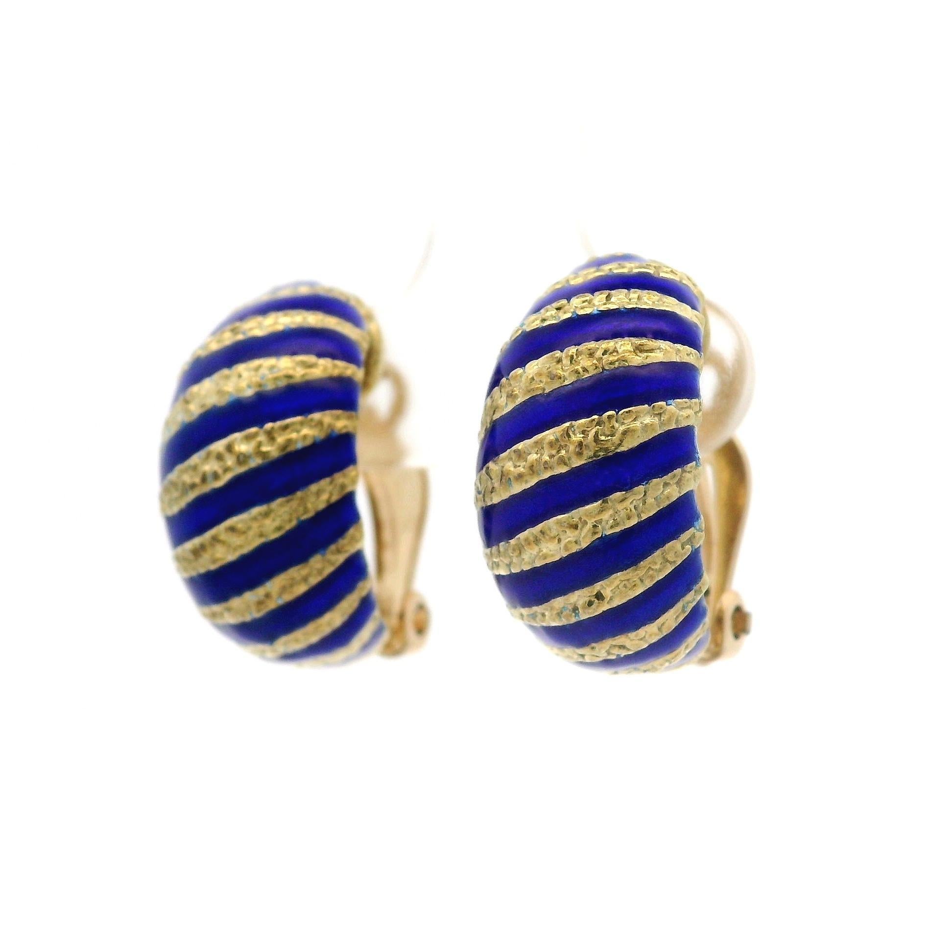 Vintage 14k Yellow Gold Blue Enamel Stripe Clip On Cuff Earrings For Sale 3
