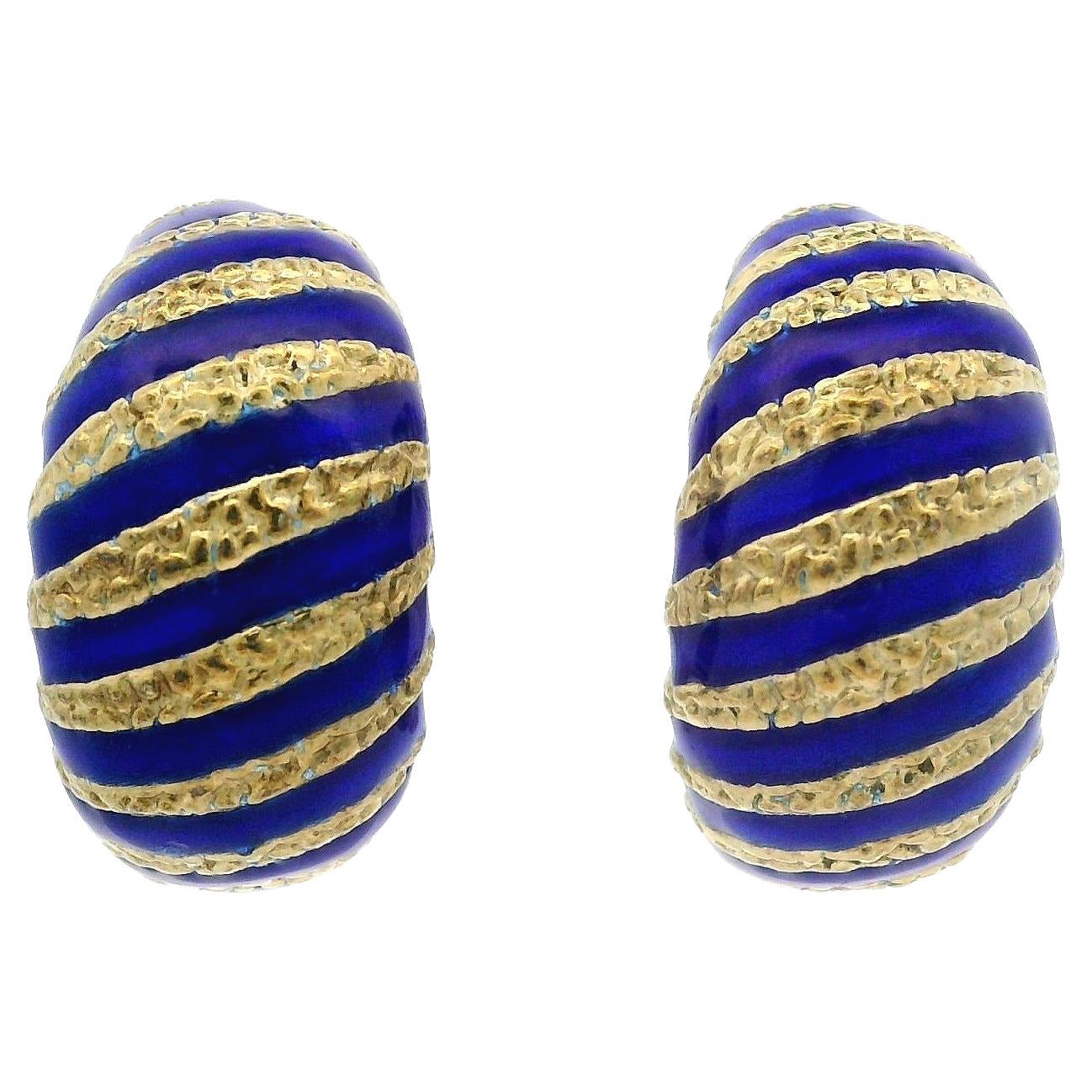 Vintage 14k Yellow Gold Blue Enamel Stripe Clip On Cuff Earrings
