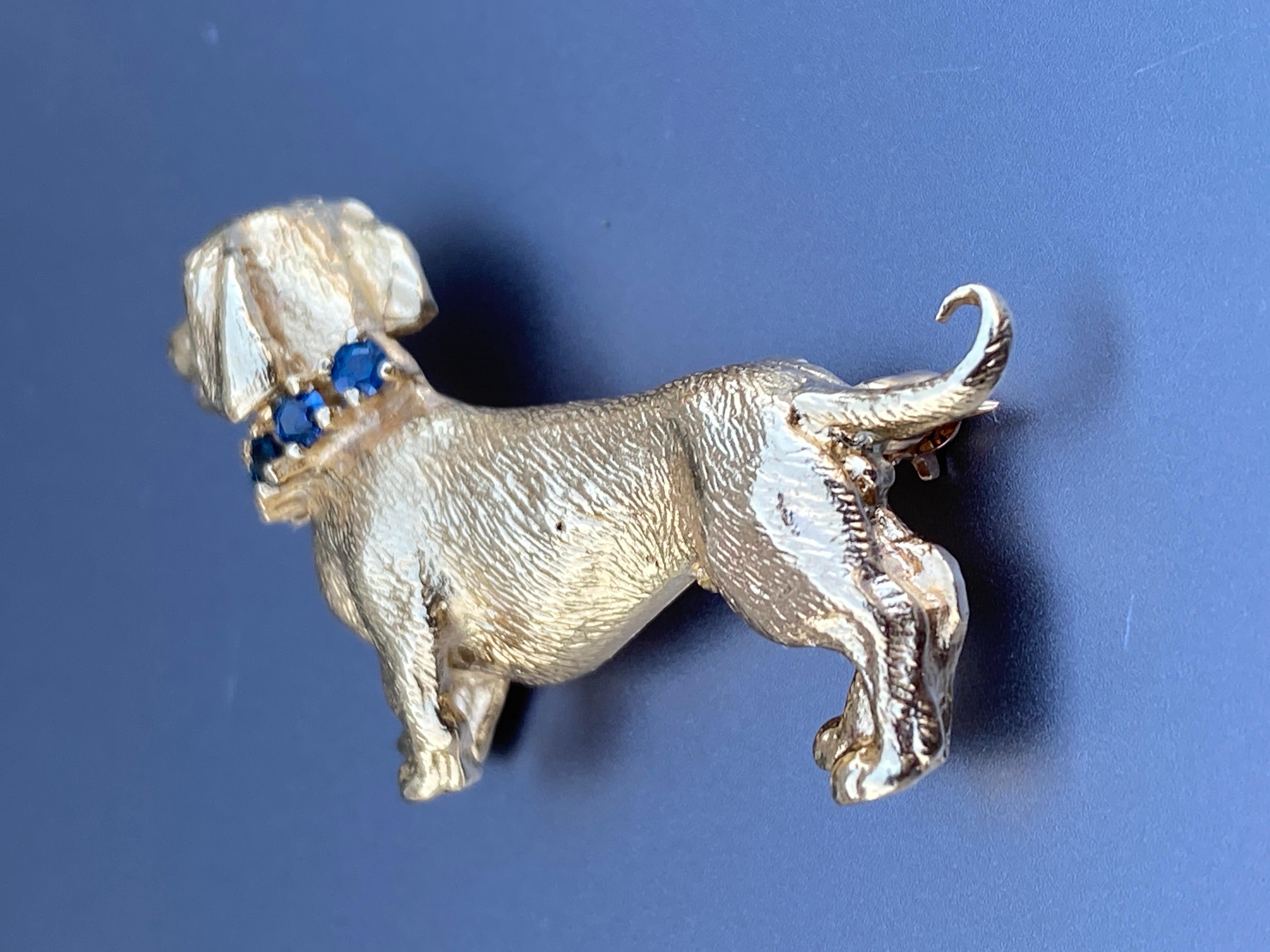 Vintage 14k Yellow Gold Blue Sapphire & Emerald DACHSHUND Dog Brooch, Pin 1