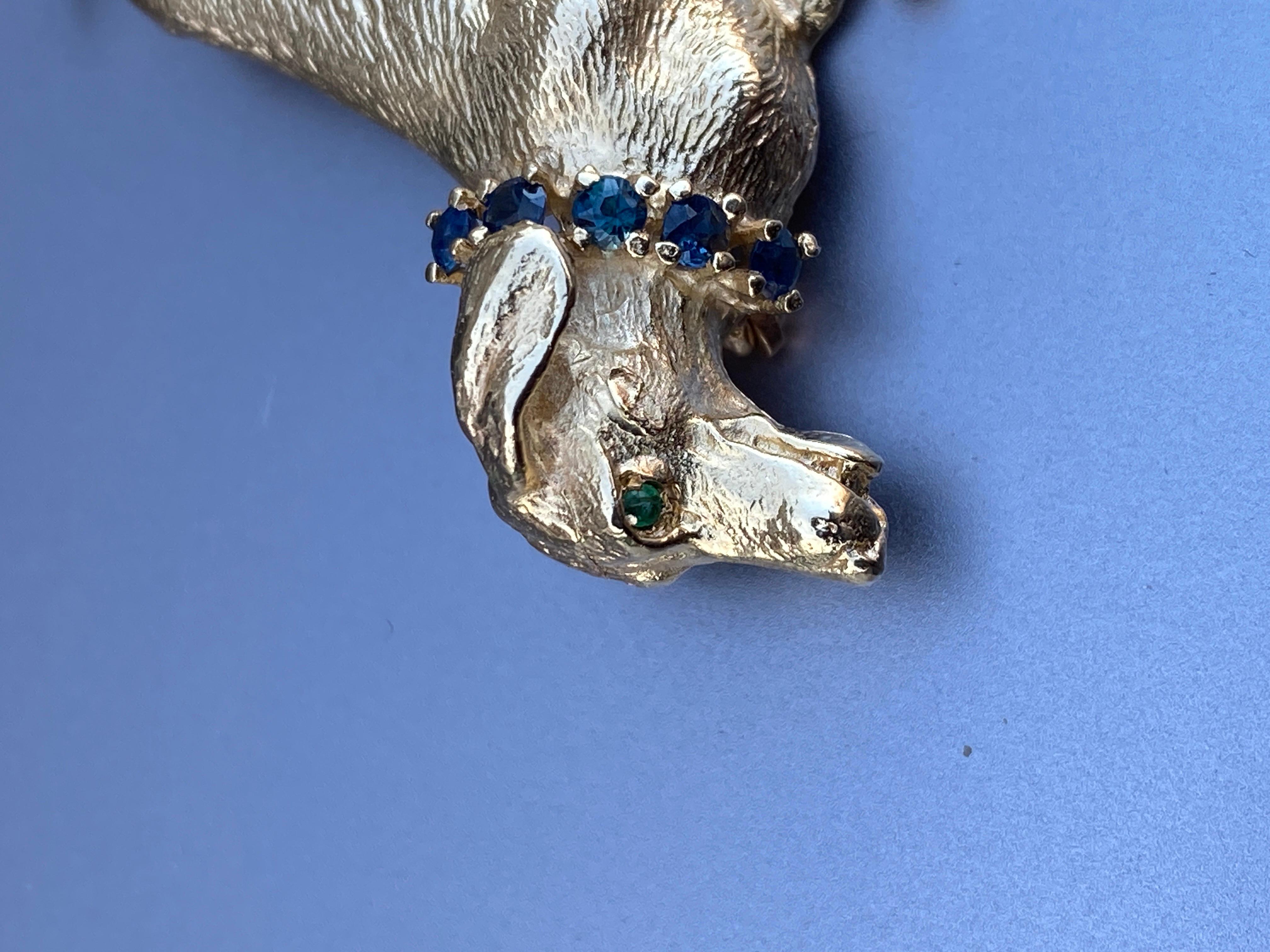 Vintage 14k Yellow Gold Blue Sapphire & Emerald DACHSHUND Dog Brooch, Pin 3