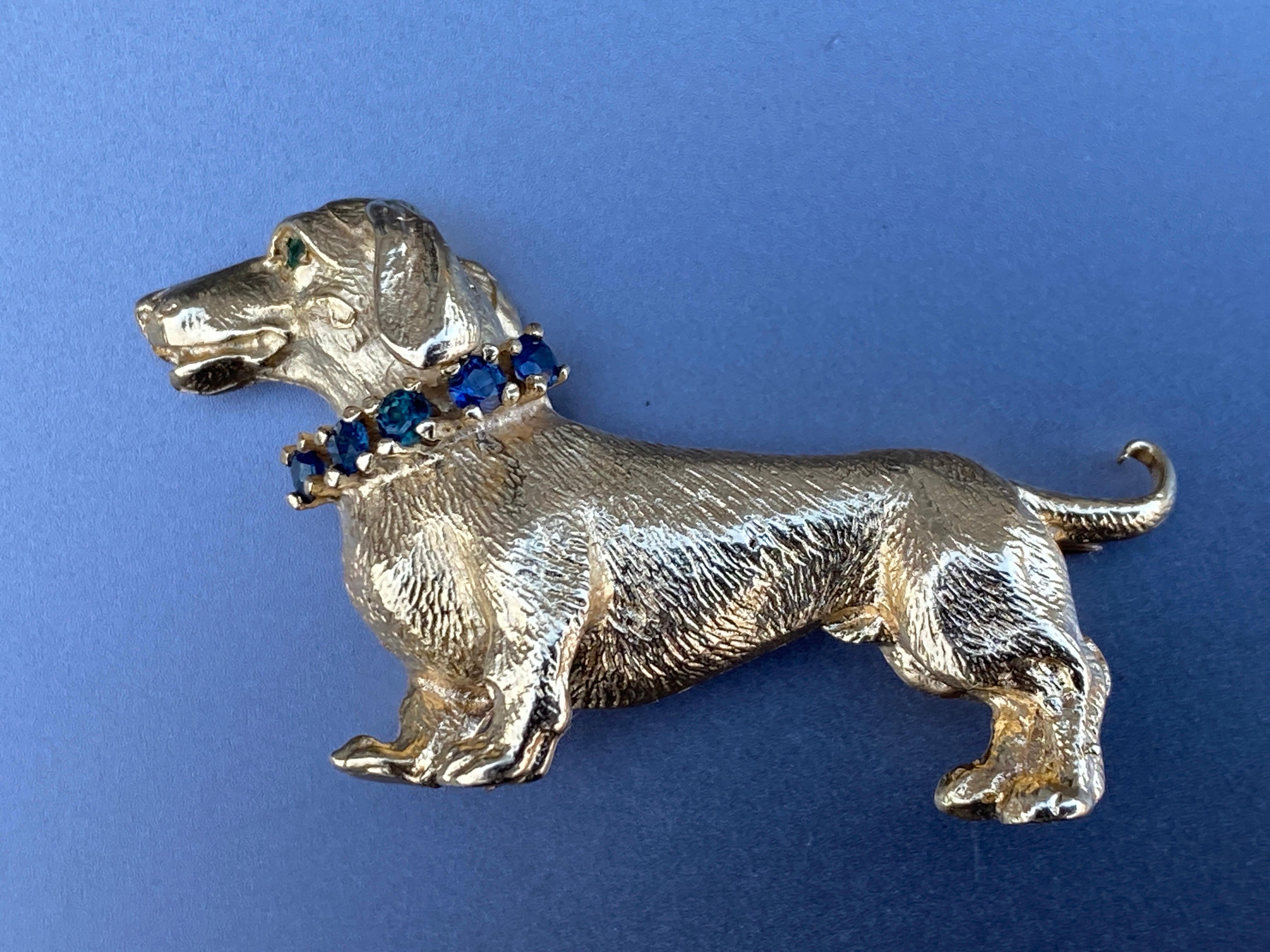 Vintage 14k Yellow Gold Blue Sapphire & Emerald DACHSHUND Dog Brooch, Pin 4